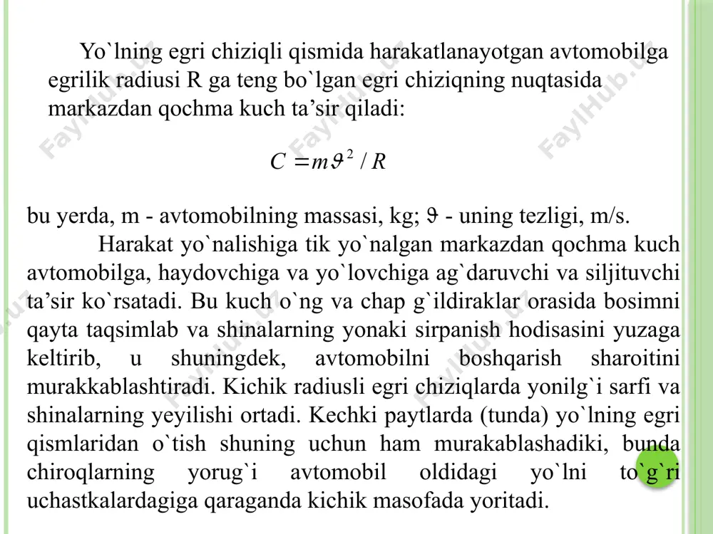 mlarining burilish nuqtalari tuzuvchi: d.a.maxmudova utish egri chizigi uzunligini aniklashga oid sxema yo'lning to'gri uchastkasida katnov kismining ikki nishabli kundalang profilidan virajdagi bir nishabli profilga ravonlik bilan amalga oshiriladigan utish joyi egri chizigining uzunligiga o'tish egrisi (otgon viraja) deyiladi l=bivir/ iqo'sh bu erda v - katnov kismining eni; l - o'gish egri chizigining uzunligi; iqo'sh - qoplamaning ko'ndalang kiyaligi. tuzuvchi: d.a.maxmudova virajlardagi yul yokasining kundalang kiyaligi yulning katnov kismining kiyaligiga teng k,ilib olinadi va ularni mustaxkamlash ko'zda tutiladi. yul yokasining kiyaligi viraj boshlanishidan oldin 10 m uzunlikda uzgartiriladi. xavfsiz xarakatlanish uchun tashki yul yoqasining kiyaligi yo'lning katnov kismi qiyaligi bilan bir tomonga kiyalantirilishi kerak. ivir=v2/gr -μ o`tish egri chiziqlari. avtomobil planda yo`lning to`g`ri chiziqli qismidan egri chiziqli qismiga kirgan paytda harakatlanish sharoiti o`zgaradi. avtomobilga markazdan kochma kuchlar ta’sir qila boshlaydi. nazariy jixatdan u bir onda, amalda esa haydovchi rul chambaragini burgan qisqa uchastka chegarasida ta’sir etadi. kuzatuvlarning ko`rsatishicha, haydovchi radiusi …