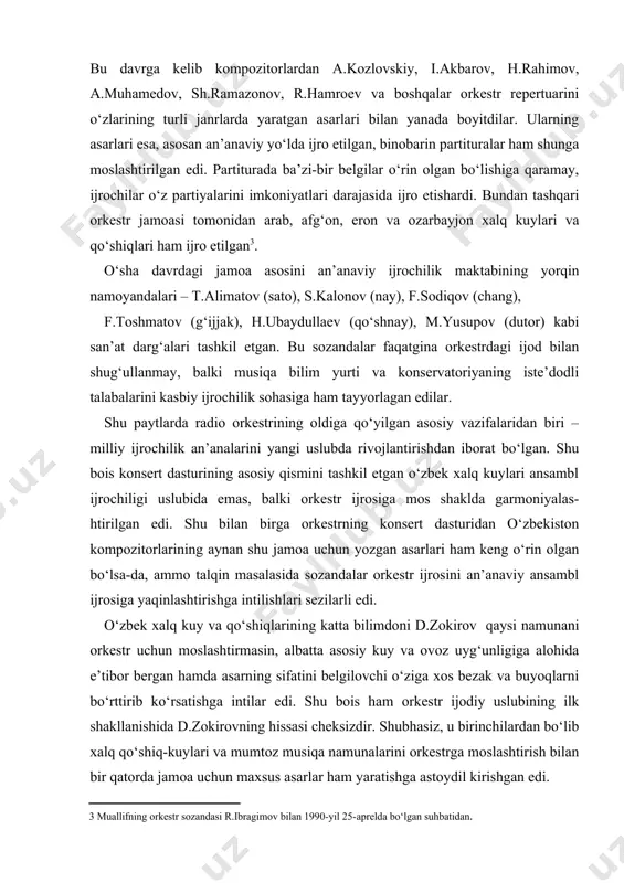 tomonidan qayta ishlangan “yovvoyi chorgoh” asari orkestr ijrochiligining yangi qirralarini ochib berdi. bunda, avvalo orkestr tarkibida qo‘llangan quyidagi cholg‘ular nisbati e’tiborlidir: nay pikkolo, nay-i-ii, qo‘shnay-i-ii, surnay, chang -i-ii, qashqar rubobi, afg‘on rubobi, tanbur, dutor bas, dutor kontrabas, doira, sato, g‘ijjak-i-ii, g‘ijjak alt, g‘ijjak bas va g‘ijjak kontrabas. d.zokirov ushbu partiturani yaratishda har bir cholg‘uning yakka ijrosini alohida ifodalash bilan bir qatorda turli cholg‘ularning uyg‘unlikdagi ijro imkoniyatlarini ko‘rsatishga harakat qilgan. muhimi, turli xil cholg‘u oilalarining birgalikdagi unison ijrosi o‘laroq, o‘zbek milliy kuylarining an’anaviy ijrochiligiga xos tamoyil, ya’ni asarni boshidan oxirigacha kuy ustivorligi o‘z kuchini saqlab qolgan. misol sifatida “yovvoyi chorgoh”ning asosiy kuy-mavzui bayonini keltiramiz. bunda dastlab g‘ijjaklar ijrosida boshlangan mavzu (3-8 tt.) o‘ziga xos taqlidiy polifonik ko‘rinishda ilk rivojlanadi (g‘ijjak alt, qashqar va afg‘on ruboblari - 8-9, 11tt., g‘ijjak bas va g‘ijjak kontrabaslar - 9-12 tt.) hamda tayanch “re” pardasiga qaytib nisbiy tugal holga keladi: darhaqiqat, kompozitor an’anaviy ansambl ijrochiligi uslubini …