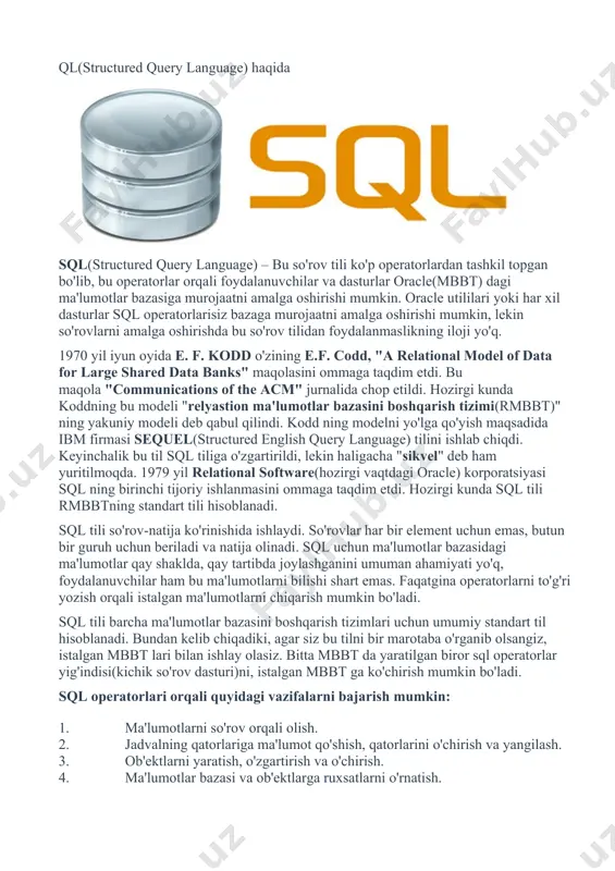 mbbt da yaratilgan biror sql operatorlar yig'indisi(kichik so'rov dasturi)ni, istalgan mbbt ga ko'chirish mumkin bo'ladi. sql operatorlari orqali quyidagi vazifalarni bajarish mumkin: 1. ma'lumotlarni so'rov orqali olish. 2. jadvalning qatorlariga ma'lumot qo'shish, qatorlarini o'chirish va yangilash. 3. ob'ektlarni yaratish, o'zgartirish va o'chirish. 4. ma'lumotlar bazasi va ob'ektlarga ruxsatlarni o'rnatish. 5. ma'lumotlar bazasi foydalanuvchilarini hosil qilish va baza xafsizligini ta'minlash. 2 hil turdagi sql mavjud: interaktiv va o'rnatilgan(встроенный). sql ning bu 2 turi ishlashi bir hil, lekin har xil joyda ishlatiladi. interaktiv sql deganda — ma'lumotlar bazasiga so'rov orqali murojaat qilib, shu zahoti natijani olish tushuniladi. ya'ni bunda ketma-ketlik asosida jarayon sodir bo'ladi. so'rov-natija rejimda ishlaydi. o'rnatilgan sql deganda – so'rovlar yig'indisi biror dasturlash tilida ishlatilishi tushuniladi. pascal, delphi, java tillarida bazaga murojaat qilib, natijani biror o'zgaruvchiga yuklab qo'yamiz va kerakli joyda bu natijani ishlatamiz. ya'ni bunda so'rov berib, darhol natijani ololmaymiz. natija faqat dasturning davom etishi uchun olinadi va talab …