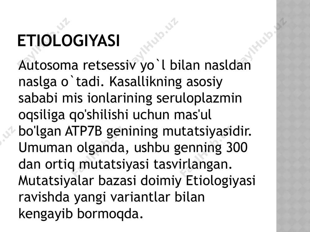 gi, yig'lash,avtomatik chaynash harakatlari, yutish buzilishi); migrenga o'xshash bosh og'rig'i; uyqusizlik; distonik atakalar (qo`qqisdan kuchli tovush, yorug'likka nisbatan mushaklar tonusini oshishi natijasida qandaydir bir faol harakatni bajarishga urinish.) psixiatrik alomatlar depressiya; nevrotik xulq-atvor (noadekvat, bunda nima sodir bo'layotganini tanqid qilish saqlanib qolgan(psixozdan farqli o'laroq), qondirilmagan ehtiyojlarga erishish uchun sodir bo'ladiga, takroriy harakatlar bilan tavsiflanadi; shaxsiyatning o'zgarishi (keyinchalik his-tuyg'ularning zaiflashishi bilan kayfiyatning o'zgarishi, o`qishini yoki ishini to'xtatish va mavjud ko'nikma va qobiliyatlarni, maqsadlarni, qiziqishlarni va motivatsiyani yo'qotish, keyinchalik ularga bo'lgan qiziqishni yo'qotish bilan o'z ehtiyojlarini qondirmaslik); . vilson-konovalov kasalligida nevrologik alomatlar va ruhiy kasallikning namoyon bo'lishi 35% va 10% hollarda, odatda 10 yoshdan 35 yoshgacha bo'ladi, garchi 55 yoshda boshlangan kechki holatlar ham mavjud. nevrologik ko'rinishlari harakatsiz turganda oyoq-qo'llarning titrashi. mushak distoniyasi sindromi mushaklar tonusidagi o'zgarishlar yurishning buzilishiga olib keladi. shuningdek, mushaklarning allaqachon ko'rsatilgan buzilishlari tufayli nutq o'zgaradi. tupukning ko'payishi ham kuzatiladi. kayzer – fleysher halqalari vilson kasalligida ko'zning shikastlanishi kayzer …