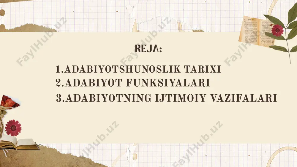 ar haqida ma’lumot berish imkonini yaratadi. o‘quvchilarni turli bilimlar bilan tanishtiradi, ularga dunyoqarashini kengaytirishga yordam beradi. 4. kommunikatsiya funksiyasi: adabiyot jamiyatni birlashtiradi, insonlar orasida o‘zaro aloqani kuchaytiradi. asarlar orqali insonlar o‘z fikrlarini, his-tuyg‘ularini va qarashlarini boshqalarga yetkazisha di. 5. kritik funksiyasi: adabiyot jamiyatdagi ijtimoiy, siyosiy yoki madaniy muammolarni tanqid qilish va ularni yaxshilashga yordam berish orqali jamiyatni taraqqiy etishga yordam beradi. adabiy asarlar, ko‘pincha, tizimlar va institutlarning zaif tomonlarini ochib beradi. 6. emotsional funktsiya: adabiyot odamlarning his-tuyg‘ularini ifodalash va ular bilan bog‘lanish orqali his-tuyg‘u va ruhiyatni aks ettiradi. o‘quvchi asar orqali o‘zining ichki dunyosini anglash yoki boshqalarning his-tuyg‘ularini his qilish imkoniyatiga ega bo‘ladi. adabiyotning ijtimoiy vazifalari uning jamiyatdagi roli va ahamiyatini belgilaydi. u nafaqat estetik qoniqish va axloqiy tarbiya berishda muhim, balki jamiyatning rivojlanishi va o‘zgarishiga hissa qo‘shadi adabiyotning ijtimoiy funksiyasi uning jamiyatdagi roli va o‘rnini belgilaydi. bu funksiya adabiyotning ijtimoiy hayotga, odamlar o‘rtasidagi munosabatlarga va madaniyatga qanday ta’sir ko‘rsatishini …