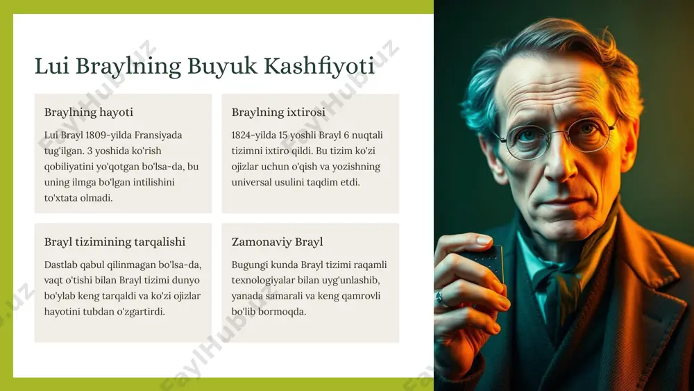 atish bo'yicha tadqiqotlar olib borilmoqda. bu texnologiyalar hali rivojlanish bosqichida, ammo katta umidlar uyg'otmoqda. kengaytirilgan va virtual reallik kengaytirilgan va virtual reallik texnologiyalari ko'zi ojizlarga yangi o'qitish va ish faoliyati imkoniyatlarini taqdim etishi mumkin. bu texnologiyalar yordamida murakkab tushunchalarni yanada samarali va qiziqarli tarzda o'rgatish mumkin bo'ladi. 10 image1.png image2.jpeg image3.png image4.png image5.png image6.jpeg image7.png image8.png image9.png image10.png image11.png image12.png image13.png image14.png