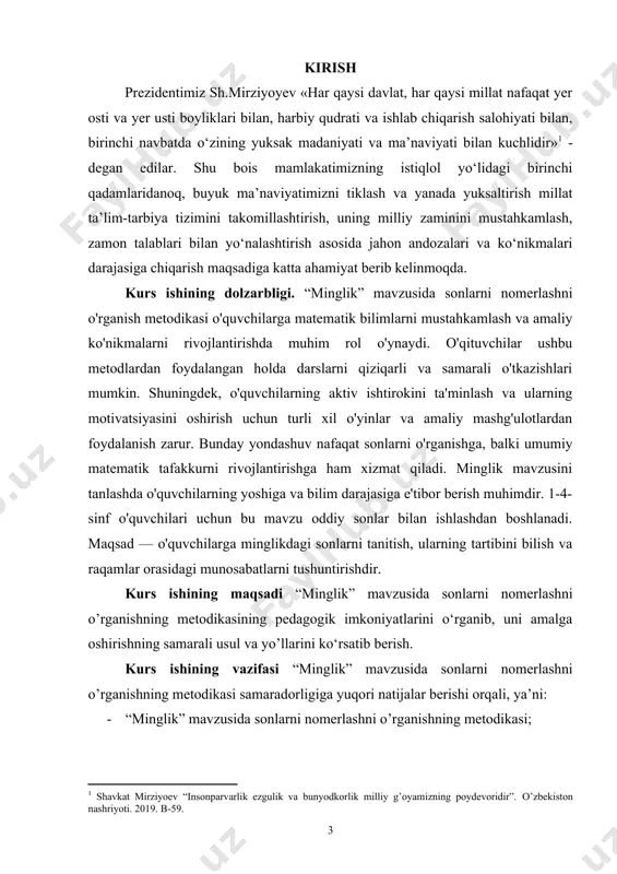 ash milliy dasturi”ga, o‘zbеk xalq pеdagogikasini tiklash, sinfdan va maktabdan tashqari ishlar kontsеptsiyasiga suyandik. kurs ishining asosiy mеtodlari muommoga taalluqli bo‘lgan adabiyotlarni nazariy tahlil etish, ilg‘or o‘qituvchilarning ish tajribalarini o‘rganish asosida ishimizni tahlil etish edi. kurs ishnizning hajmi. kurs ishi ikki bob, kirish, xulosa va foydalanilgan adabiyotlar ro‘yxatidan iborat. i bob. boshlang‘ich sinf o’quvchilari bilan “minglik” mavzusida sonlarni nomerlashni o’rganishning metodikasi 1.1. “minglik” mavzusida sonlarni nomerlashni o’rganishning metodikasi 1000 ichida va ko‘p xonali nomanfiy butun sonlarni nomerlashga o‘rgatish boshlang‘ich ta’limning muhim qismi bo‘lib, o‘quvchilarning matematik savodxonligini shakllantirishda asosiy o‘rin tutadi. sonlarni nomerlash deganda ularni yozish, o‘qish, taqqoslash va tartiblash tushuniladi. o‘quvchilar sonlarning tarkibini tushunib, birliklar, o‘nliklar, yuzliklar kabi birliklar asosida sonlarni ajrata olishlari kerak. boshlang‘ich sinflarda bu jarayon bosqichma-bosqich o‘rgatiladi. dastlab, o‘quvchilar bir xonali va ikki xonali sonlarni o‘rganadilar, so‘ngra uch xonali sonlarni o‘qish va yozish ko‘nikmalarini hosil qiladilar. 1000 gacha bo‘lgan sonlarni o‘rganishda o‘nlik sanoq tizimining asoslari tushuntiriladi. har …