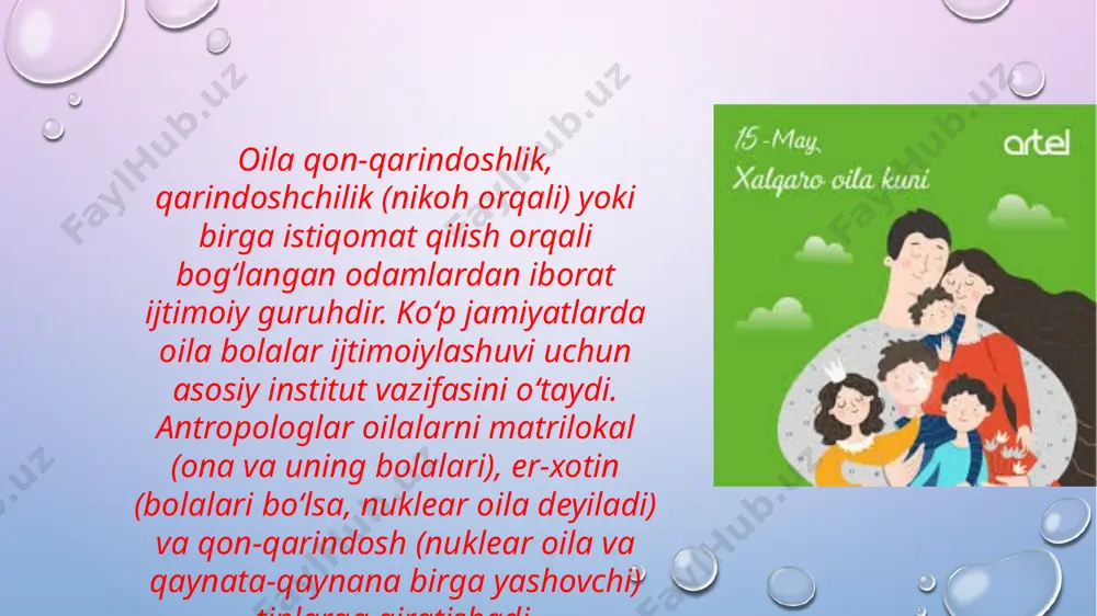 oila - ikki sherikdan iborat; ko'pburchak oila - hamkorlardan biri bir nechta nikoh majburiyatlariga ega. poligonni (bir necha ayol bilan turmush qurish) va polyandryatni ajratish (ayolning bir necha erkak bilan nikohlanishi). yashash joyiga qarab. patrilocal - erning ota-onasi bilan bir xil hududda yashovchi oila; matrilocal - bir oilada oilada yashovchi oilaning ota-onasi; peolocal - ota-onadan boshqa bir oila. er- xotinning jinsi. heterojen oila; bir jinsli oila - ikkita ayol yoki erkaklar birgalikda ta'lim beradigan bolalar. inson pozitsiyasida. ota-onalar - ota-onamizning oilasi; reproduktiv - inson tomonidan yaratilgan oila. homilador oilalarning turlari qabul qilish - bolani qarindoshlar oilasiga kiritish. bunday holatda, bola barcha huquq va majburiyatlar bilan oilaning to'la huquqli a'zosi bo'ladi. vard - tarbiya va ta'lim olish, shuningdek, uning manfaatlarini himoya qilish maqsadida bolaning oilada qabul qilinishi. bola o'z familiyasini saqlab qoladi, uning qoni ota-onalari uning xizmatiga haq to'lashdan ozod qilinmaydi. homiylik 14 yoshgacha bo'lgan bolalar uchun belgilanadi va 14 yoshdan …