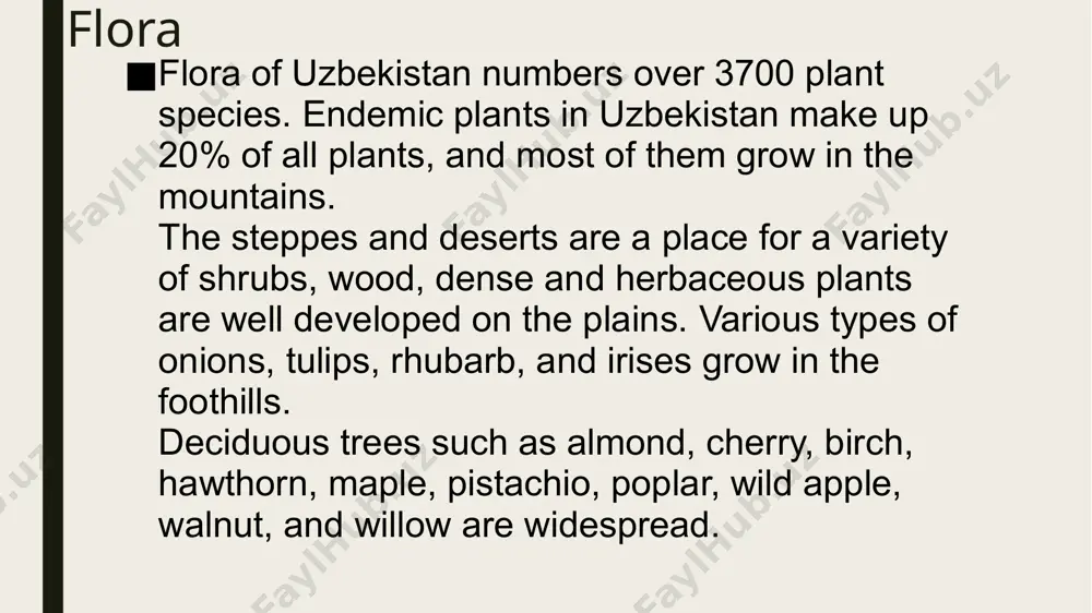 if you do not climb for a long time in nature. tourists sleeping in tents in mountainous areas, as well as climbing the ruins of the fortresses of karakalpakia, sometimes meet scorpions. on the territory of the country there are 9 state reserves with a total area of ​​2164 sq. km. (badai-tugai, gissar, surkhan, kyzylkum, kitab, zaamin, zarafshan, nurata, chatkal), 2 national parks with an area of ​​6061 sq. km (ugam-chatkal and zaamin), 9 state reserves with an area of ​​12186.5 sq. km. and one center for breeding rare species of animals (eco-center "jeyran"). thanks for attention image1.jpeg image2.jpeg image3.jpeg /docprops/thumbnail.jpeg