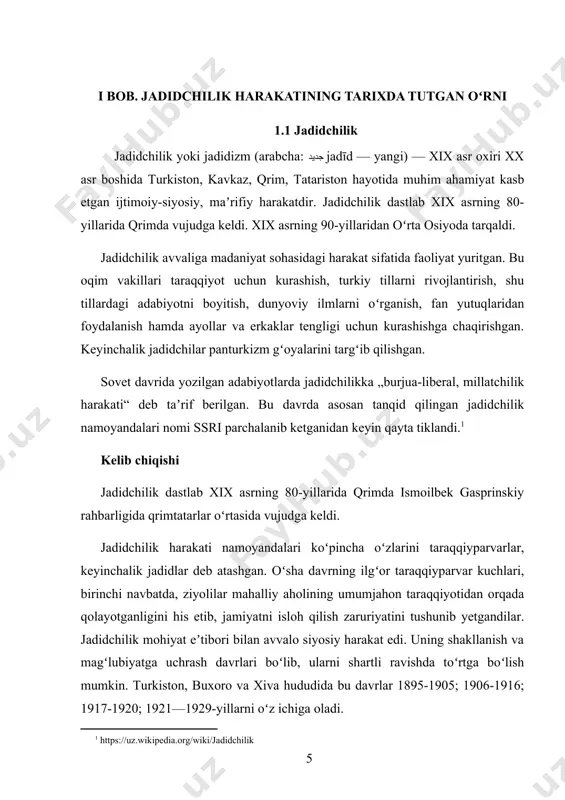 rgan “turkiston muxtoriyati” bu yoʻldagi amaliy harakatlarning dastlabki natijasi edi. buxoro amirligi va xiva xonligida jadidchilik harakati turkistondagi kabi x1x asr oxiri xx asr boshlarida shakllangan boʻlsa ham, bu xududlardagi tarixiy sharoit undagi jadidchilik harakatiga xam oʻziga xos xususiyatlar baxsh etdi. buxoro va xiva jadidlari ham maorifni isloh etishni, amir va xon xukmronligini cheklash, mavjud tuzum sharoitida islohotlar oʻtkazib, jamiyat taraqqiyoti va milliy mustaqillikni qoʻlga kiritishni maqsad qilib qoʻygan edilar. jadidlarning xalq maʻrifati uchun kurash dasturi uch asosiy yoʻnalishda koʻrinadi.1. yangi usul maktablarini ochish, koʻpaytirish orqali. 2. turli maʻrifiy jamiyatlar ochish orqali. 3. umidli iqtidorli yoshlarni chet elga oʻqishga yuborish orqali. bogʻchasaroyda dastlabki jadid maktabini ochgan ismoil gaspirinskiy turkiston general-gubernatori n.o.rozenbaxga oʻlka musulmon maktablarini ham isloh qilishga doir loyihasini yuboradi. rad javobini olgach, 1893-yil turkistonga oʻzi keladi, buxoro, samarqand, toshkentda boʻlib, taraqqiyparvar ziyolilar bilan uchrashuvlar oʻtkazadi. buxoroda amir abdulaxadni jadid maktabi ochishga koʻndiradi. bu maktabga “muzaffariya” nomi beriladi. shunday qilib, …