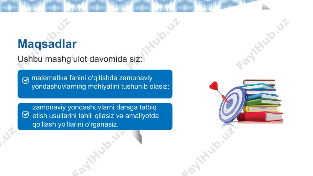 q sho‘ng‘igani, ichki motivatsiya bilan o‘rganayotganidan dalolat. bu — o‘qituvchi orzu qiladigan eng kuchli indikatorlardan biri: dars o‘z-o‘zidan, tabiiy sur’atda, shijoat bilan kechmoqda. 4 zamonaviy yondashuvlar — darsni jonlantiruvchi kuchdir “siz sanagan omillar darsda o‘quvchini zeriktiradigan sabablardir. juda tanish holatlar, to‘g‘rimi? ammo bizning qo‘limizda kuchli vosita bor: bu — zamonaviy yondashuvlar. aynan shu yondashuvlar darsni jonlantiradi: o‘quvchini fikrlashga undaydi, harakatga keltiradi, hayrat uyg‘otadi. so‘rovga asoslangan ta’lim, 5e modeli, muammoli o‘qitish, steam, konstruktsion yondashuv — bularning barchasi zamonaviy darsning yuragidir. chunki ular o‘quvchining ongini faollashtiradi, darsni unga tegishli qiladi va vaqt qanday o‘tgani bilinmay qoladi!” 5 onlayn platformalar, vr, ar, sun’iy intellekt tanqidiy fikrlash, real muammolarni hal qilish, tadqiqotchilik ko‘nikmalarini rivojlantirishga qaratilganligi har bir oʻquvchining individual xususiyatlari, qiziqishlari, oʻzlashtirish tezligi hisobga olinganligi mulohaza yuritish, tadqiqot oʻtkazish, savollar berish, o‘zi uchun yangi bo‘lgan bilimlar kashf etish zamonaviy yondashuvlarning tamoyillari o‘quvchilarni faol jalb etish kompetensiyalarni rivojlantirish raqamli texnologiyalar differrensial oʻqitish milliy va umuminsoniy …