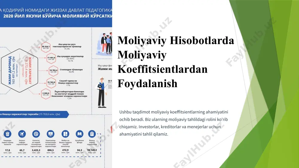 ashkil etuvchi omillarni aniqlashga yordam beradi. u rentabellikni oshirish yo'llarini ko'rsatadi. 7 koeffitsientlarni talqin qilishda e'tibor 1 sanoat xususiyatlari sanoatning o'ziga xos xususiyatlarini hisobga oling. 2 tarixiy ma'lumotlar tarixiy ma'lumotlar bilan taqqoslang. 3 raqobatchilar raqobatchilar bilan solishtiring. 4 yagona kontekst koeffitsientlarni yagona kontekstda ko'rib chiqing. koeffitsientlarni talqin qilishda sanoatning o'ziga xos xususiyatlarini hisobga olish muhimdir. tarixiy ma'lumotlar va raqobatchilar bilan solishtirish zarur. 8 soxtalashtirishni aniqlashda koeffitsientlar g'ayrioddiy o'zgarishlar g'ayrioddiy o'zgarishlarni aniqlash. benford qonuni benford qonunidan foydalanish. audit jarayonlari audit jarayonlarida qo’llash. moliyaviy koeffitsientlar moliyaviy hisobotlardagi soxtalashtirishni aniqlashda muhim rol o'ynaydi. ular g'ayrioddiy o'zgarishlarni aniqlashga yordam beradi. 9 amaliy misollar va vaziyatlar kompaniya a likvidlik koeffitsientlari past. qisqa muddatli majburiyatlarni qoplashda qiyinchiliklar bor. kompaniya b rentabellik koeffitsientlari yuqori. foyda olish qobiliyati yaxshi. kompaniya c qarzning kapitalga nisbati yuqori. moliyaviy xavf yuqori. real hayotiy vaziyatlar orqali koeffitsientlarni qo'llash kompaniyalarning moliyaviy ahvolini tahlil qilishga yordam beradi. 10 xulosa va tavsiyalar moliyaviy hisobotlarda moliyaviy …