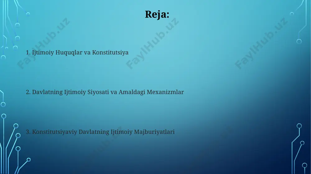 kent kabi yirik shaharlarda mehnat huquqlarining buzilishiga qarshi kurashish uchun huquqiy yordam koʻrsatadigan 20 dan ortiq nodavlat tashkilotlari faoliyat yuritadi, davlat ularning faoliyatini monitoring qiladi va qoʻllab-quvvatlaydi. ijtimoiy adolat va tenglik tamoyillari ijtimoiy adolat va tenglikni ta’minlashda gender tengligi muhim ahamiyatga ega bo‘lib, ayniqsa, qishloq joylarda ayollar mehnatini himoya qilish va ularning iqtisodiy imkoniyatlarini kengaytirish bo‘yicha 2023-yil uchun 30 dan ortiq dastur ishlab chiqildi. o‘zbekiston respublikasining konstitutsiyasi 18-moddasi ijtimoiy adolat va tenglikni ta’minlashni davlatning muhim vazifasi deb belgilab, 200 dan ortiq qonunlar va qarorlar orqali bu tamoyilni amalga oshirishga harakat qilmoqda. ta'lim sohasidagi davlatning majburiyatlari ta'lim sohasida davlatning konstitutsiyaviy majburiyatlariga muvofiq, 2023-yil holatiga ko'ra, o'zbekistonning 12 mingdan ortiq umumiy o'rta ta'lim muassasalarida 6 millionga yaqin o'quvchi ta'lim olmoqda. davlatning ta'lim sohasidagi majburiyatlari, konstitutsiyaning 41-moddasiga asosan, barcha fuqarolarga bepul majburiy boshlang'ich va o'rta ta'lim olish imkoniyatini ta'minlashni o'z ichiga oladi. madaniyat va san'atni rivojlantirishdagi davlatning roli madaniy meros obyektlarini tiklash va …