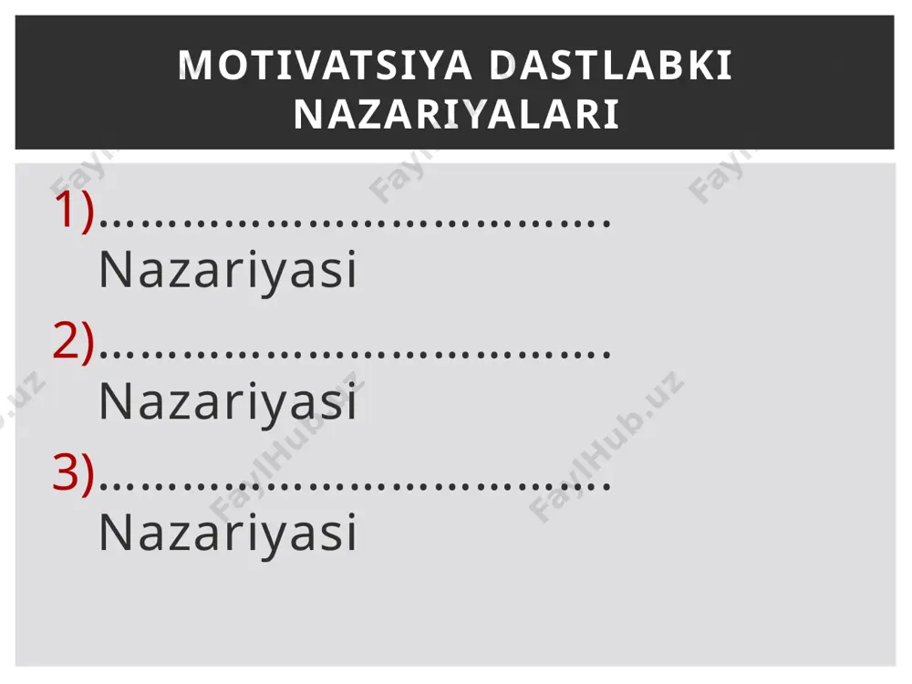 , sabab, ehtiyoj namoyon bo’ladi: hukmronlikka bo’lgan ehtiyoj (need for power) ; ishtirok etishga bo’lgan ehtiyoj (need for affiliation) ; omadga bo’lgan ehtiyoj (need for achievement) ; “uch ehtiyojlar” nazariyasi maqsadni anilash nazariyasi (goal-setting theory). ushbu nazariyaga ko’ra aniq maqsadlardan foydalanish mehnat intensivligi darajasini oshirishga olib keladi, murakkab vazifalar (maqsadlar) yuqoriroq natijalarga olib keladi. maqsadni anilash nazariyasi maqsadni anilash nazariyasiga qarama-qarshi bo’lgan nazariya – bu mustahkamlash nazariyasidir (reinforcement theory) unga ko’ra xulq uning natijalari bilan aniqlanadi. mustahkamlash nazariyasi ichki omillar: -o`z-o`zini mukammallashtirish; - javobgarlik - yutuqlar - tan olinish - ishga berilib ishlash tashqi omillar: -mukofotlash; -jazolash. ishdan qoniqish ijro sifati image2.png image3.png image4.png /docprops/thumbnail.jpeg
