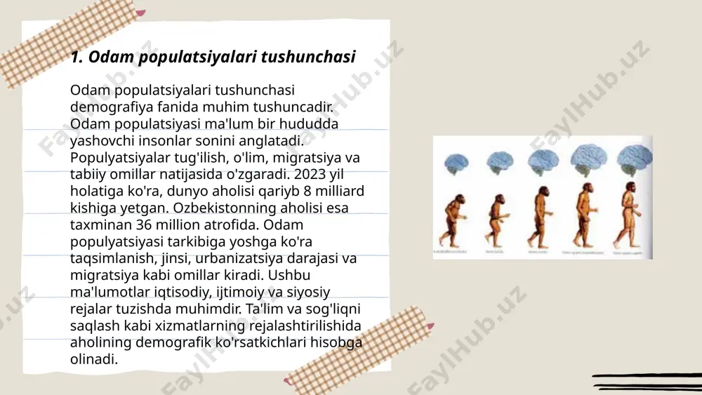 lan, tog'lar, daryolar yoki orollar kabi geografik to'siqlar turlarning ajralishini keltirib chiqarishi mumkin. geografik izolyatsiya natijasida yangi turlar paydo bo'lishi, bu esa biologik xilma-xillikni oshirishi mumkin. masalan, gavayi orollari va galapagos arxipelagida turli xildagi noyob turlar shakllangan. ushbu jarayonda vaqt, masofa va to'siqlar turlarning evolyutsiyasi va diversifikatsiyasida muhim rol o'ynaydi. geografik izolyatsiya biologik tadqiqotlar uchun ham muhim ahamiyatga ega. ... t.me/slaydai_bot reproduktiv izolyatsiya bu turli biologik turlar orasida ko'payishni cheklovchi mexanizmlarni tavsiflaydi. u ikkita asosiy turga bo'linadi: prezigotik va postzigotik izolyatsiya. prezigotik izolyatsiya urug'lanishni to'xtatadi, bular orasida geografik, ekologik, etologik omillar bo'lishi mumkin. postzigotik izolyatsiya esa naslning yashovchanligini yoki unumdorligini kamaytiradi. masalan, ot va eshakning duragay bo'lib, ularning mul tinglog’i unumdor emas, bu esa postzigotik izolyatsiya misollaridan biri sanaladi. bu biologik kontseptsiya evolyusiyaning asosiy jarayoni bo'lib, turlarni ajralib chiqishiga yordam beradi. ... t.me/slaydai_bot 7. odam populatsiyalaridagi genetik xilma-xillik inson populatsiyalaridagi genetik xilma-xillik evolyutsion jarayonlar va geografik ajralishlar natijasida shakllangan. har …