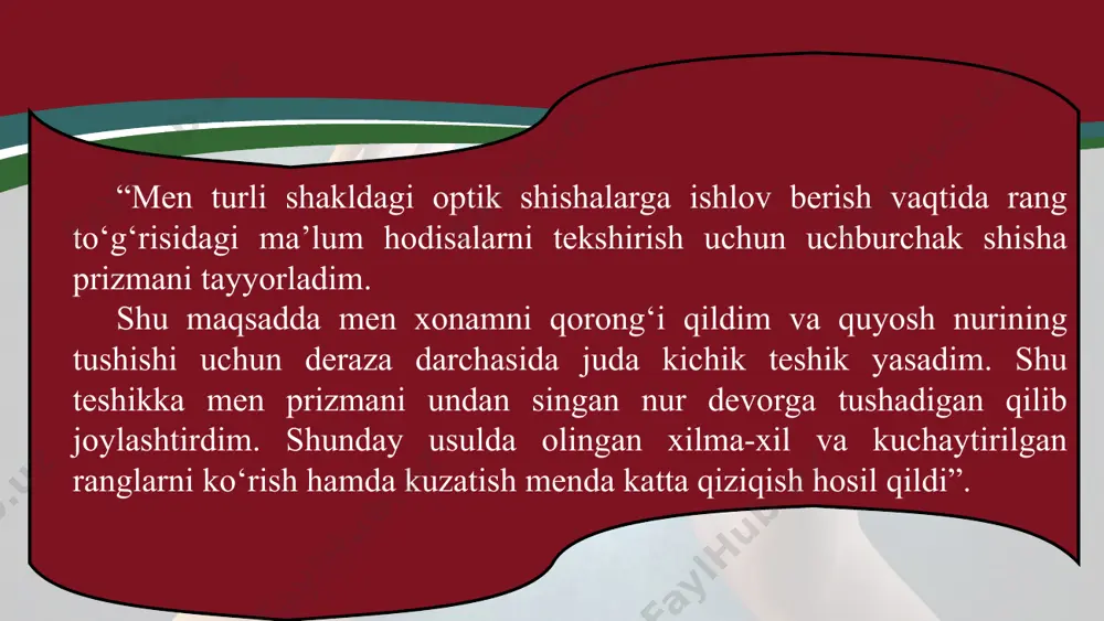 g‘liqligiga dispersiya deyiladi. bu – dispersiyaga berilgan ikkinchi ta’rifdir. bundan prizmadan o‘tgan nurlar nima uchun turli burchakka og‘ishi sababini tushunib olsa bo‘ladi. demak, qizil nurlarning har qanday muhitdagi tezligi binafsha nurnikidan katta bo‘ladi. masalan, suvda vq = 228 000 km/s, vb = 227 000 km/s, uglerod sulfitda vq = 185 000 km/s, vb = 177 000 km/s. vakuumda yorug‘lik dispersiyasi bo‘lmaydi, chunki unda hamma yorug‘lik to‘lqinlari bir xil tezlik bilan tarqaladi. 1807-yilda ingliz fizigi tomas yung qizil, yashil va zangori ranglarni kombinatsiyalab, oq rangni olish mumkinligini isbotlaydi. shuningdek, qizil, yashil va zangori ranglarni kombinatsiyalab, boshqa ranglarni olish mumkin (4.22-rasm). qizil, yashil va zangori ranglarni yung birlamchi nurlar deb ataydi. shu birinchi ranglarning birortasini boshqa hech qanday ranglarning kombinatsiyasidan olish mumkin emas. buni ekranga qizil, yashil va zangori rangli yorug‘likni tushirib oson tekshirish mumkin. barcha uchta rang birlashgan yoki qo‘shilgan joyda oq rang hosil bo‘ladi. qizil rang bilan zangori rang qo‘shilganda–qoramtir; …