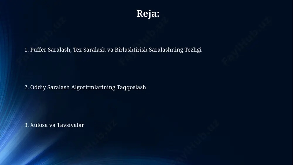 yaqin taqqoslash va almashtirish operatsiyalarini talab qiladi, bu juda sekin ishlaydi. tez saralash algoritmi eng yomon holatda o(n²) vaqt murakkabligiga ega bo'lishi mumkin, bu esa noto'g'ri tanlangan o'q elementlari tufayli yuz beradi va natijada algoritmning samaradorligini sezilarli darajada pasaytiradi. xulosa qabariq, tez va birlashtirish saralash algoritmlarini taqqoslash natijalari shuni ko'rsatdiki, katta hajmdagi ma'lumotlar to'plamlari uchun tez saralash (o'rtacha holatda o(n log n) murakkablik) eng samarali hisoblanadi. birlashtirish saralash algoritmi eng yomon holatda ham o(n log n) murakkablikka ega bo'lib, barqaror saralashni ta'minlaydi, ya'ni teng elementlarning dastlabki tartibini saqlab qoladi. kirish oddiy saralash algoritmlarini taqqoslashda, "kirish" qismida pufakcha saralash (bubble sort) o(n²) vaqt murakkabligiga ega bo'lib, katta hajmdagi ma'lumotlar uchun juda sekin ishlaydi, shuning uchun kichik hajmdagi ma'lumotlar uchun mos keladi. tez saralash (quick sort) algoritmi o'rtacha o(n log n) vaqt murakkabligiga ega bo'lsa-da, eng yomon holatda o(n²) ga yetishi mumkin, bu esa ma'lumotlarning tartiblanishiga bog'liq. shu sababli, algoritmning samaradorligi kirish …