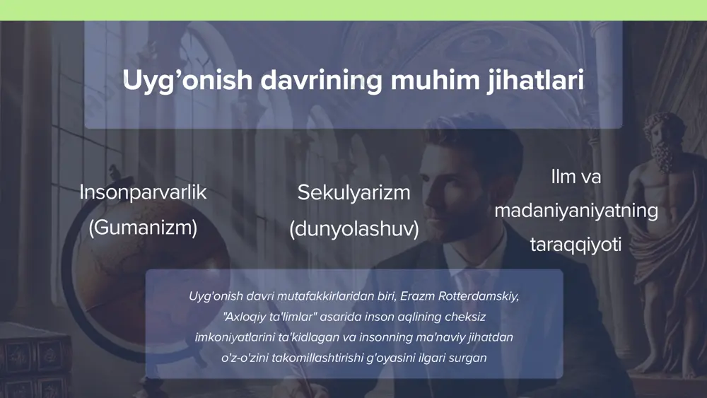 ri insoniyat tarixida ulkan burilish davri bo‘lib, siyosiy tafakkur rivojlanishiga katta hissa qo‘shdi. ushbu davr mutafakkirlari, xususan, nikolo makiavelli, tomas mor va jovanno bokkachcho, siyosat va hokimiyatning mohiyatiga doir yangi fikrlar taklif qildilar.ushbu mutafakkirlarning ta'limotlari keyingi davr siyosiy va ijtimoiy nazariyalarning rivojlanishiga ta’sir ko‘rsatib, insoniyatning o‘z erkinligini anglash yo‘lidagi intilishlarini shakllantirdi. shunday qilib, uygonish davri nafaqat san’at va ilm-fanning gullab-yashnash davri, balki siyosiy tafakkurning yangi yuksalish bosqichi bo‘ldi. xulosa image1.jpeg image2.jpeg image3.jpeg image4.jpeg image5.jpeg image6.jpeg image7.jpeg image8.jpeg image9.jpeg image10.jpeg image11.jpeg /docprops/thumbnail.jpeg