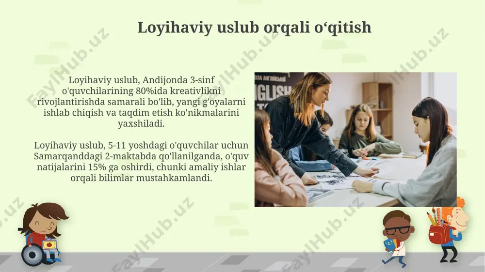 hilarning 4 ta asosiy ko‘nikmalarini – o‘qish, yozish, tinglash va gapirishni 5 ball shkalasi bo‘yicha baholashda aniq mezonlarni belgilaydi. o‘qituvchining o‘z ustida ishlashi va malakasini oshirib borishi o‘qituvchi har yili kamida 20 soatlik malaka oshirish kurslarida, masalan, toshkent shahridagi respublika ta’lim markazida qatnashishi va yangi pedagogik texnologiyalarni o‘zlashtirishi zarur. samarqanddagi pedagogika universitetining onlayn platformalaridan foydalanib, o‘qituvchi o‘zining 5 ta kuchli va 3 ta kuchsiz tomonlarini aniqlab, kamchiliklarni bartaraf etish bo‘yicha individual reja tuzishi mumkin. o‘quvchilarning mustaqil ishlashini tashkil etish mustaqil ish uchun 3 ta turli darajadagi topshiriqlar (masalan, sodda, o‘rtacha va murakkab) tayyorlash va ularni toshkentdagi 20 ta maktab o‘quvchilarining qobiliyatiga moslashtirish individual yondashuvni ta’minlaydi. o‘quvchilarning mustaqil ishlashini baholash uchun andijondagi maktablarda qo‘llaniladigan rubrika usuli, 4 ta mezon bo‘yicha (to‘g‘riligi, aniqligi, o‘z vaqtida bajarilishi va taqdimoti) ball qo‘yish orqali o‘quvchilarning o‘z-o‘zini baholash ko‘nikmalarini rivojlantiradi. o‘qitishda innovatsion pedagogik texnologiyalar innovatsion pedagogik texnologiyalar, masalan, “aqliy hujum” usuli yordamida 5-sinf o‘quvchilarining matematika fanidan …
