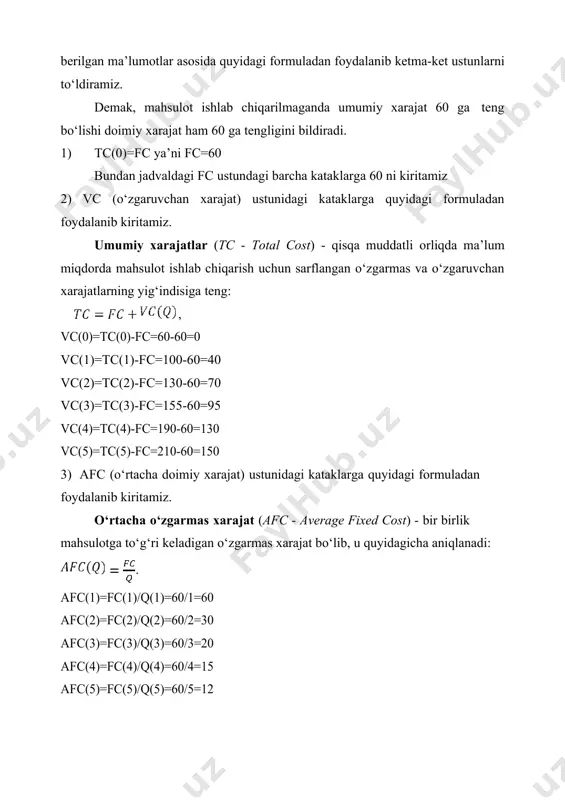 155 60 95 20 31,6 51,6 25 4 190 60 130 15 32,5 47,5 35 5 210 60 150 12 30 42 20 2. mahsulot ishlab chiqarishning o‘zgarishiga ko‘ra, iqtisodiy xarajatlar va uning tarkibi quyidagicha o‘zgaradi. ishlab chiqarilgan mahsulot fc vc tc mc afc avc atc 0 120 0 120 - - - 1 120 90 210 120 90 210 2 120 170 290 60 85 145 3 120 240 4 120 300 5 370 6 450 7 540 doimiy xarajatlar fc; o‘zgaruvchan xarajatlar vc; umumiy xarajatlar tc; me’yoriy xarajatlar mc; o‘rtacha xarajatlar atc; o‘rtacha doimiy xarajatlar afc; o‘rtacha o‘zgaruvchi xarajatlar avc; bu kategoriyalarni aniqlashni tushunish uchun eng ma’quli masaladan hamda grafik shaklidan foydalanish. a) berilganlar bo‘yicha xarajatlarni hisoblab, jadvalni to‘ldiring. ularni grafik orqali ifodalang. b) bunda doimiy, o‘zgaruvchan va umumiy xarajatlar egri chiziqlarini bitta grafikda ifodalang: · doimiy va o‘zgaruvchan xarajatlar o‘rtasida qanday farq bor? · nima sababdan fc …