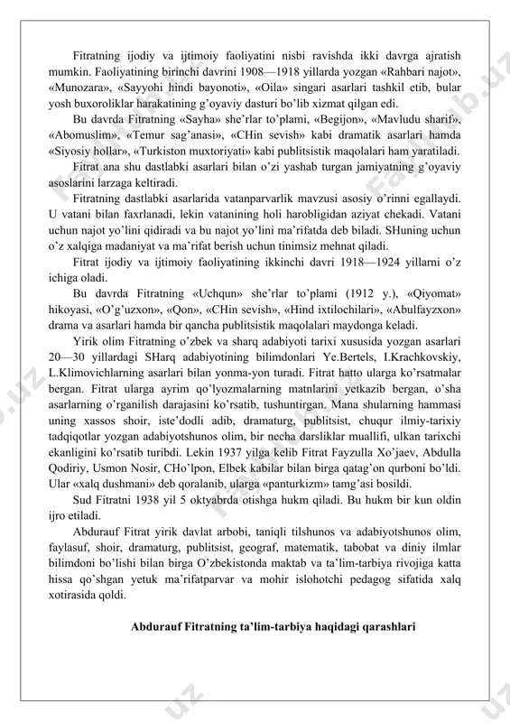espublikasi rahbarlari turor risqulov, abdullo rahimboev, nazir to’raqulovlar bilan birga buxoro va toshkent, samarqand va farg’ona, xo’jand va xivadan sattor jabbor, sayidali xo’ja, maryam sultonmurodova, hayriniso majidxonova, saida sherahmad qizi ahmad shukriy, ahmadjon ibrohimov kabi o’nlab mahalliy millat o’g’il va qizlarini germaniyaga o’qishga yuboradi. ularning ahvoli, moddiy va ma’naviy, tarbiyaviy ishlaridan xabardor bo’lib turadi. germaniyadagi o’zbek talabalar «ko’mak» nomli o’zbekcha jurnal chiqarishadi. fitratning «hind istilochilari» sahna asarini, sadriddin ayniyning «qiz bola yoki xolida» o’quv kitobini nashr etishadi. bu asar buxoro va turkistondagi milliy zehnlilar orasida keng tarqaladi va sevib o’qiladi. fitrat 1923—1924 yillarda moskva va leningradda yashab ijod qiladi. leningrad davlat dorilfununi 1924 yili fitratga o’zbek va tojik mumtoz adabiyotlari namoyandalari to’g’risidagi tadqiqotlari uchun professorlik unvonini beradi. fitrat o’rta osiyoning birinchi professori bo’lib tarixga kiradi. u «o’zbek adabiyotidan namunalar» kitobida o’nlab mumtoz adabiyotimiz vakillari haqida ma’lumot beradi. 1925 yildan fitrat turli madaniy-oqartuv, maorif va ilmiy-tadqiqot institutlarida ishlaydi. o’zbekistonda birinchi tashkil …