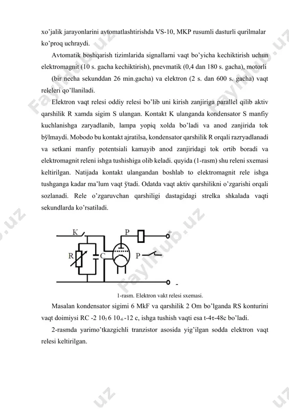 .1 b-rasm) ikkita boshqaruv cho’lg’ami 1 va 2, po’lat o’zak 3, chap va o’ng tomonida xaraktlanuvchi kontaktlar o’rnatilgan yakor 5, qo’zg’almas kontaktlar 4, doimiy magnit 6 dan tashkil topgan. boshqaruv cho’lg’amlari po’lat o’zakda ishchi magnit oqimi f ni, doimiy magnit esa, yakor orqali tutashuvchi va bir-biriga teng bo’lgan ikkita f1 va f2 potoklarga bo’linuvchi, qutblovchi potok f0 ni xosil qiladilar. o’zakning chap qismida f va f1 potoklar qarama-qarshi tomonga yo’nalganliklari uchun o’zaro ayiriladilar, o’ng qismida esa f va f2 lar bir tomonga yo’nalganliklari uchun ular qo’shiladilar. shuning uchun o’zakning o’ng tomonida xosil bo’lgan tortish kuchi, chap tomondagiga nisbatan katta bo’ladi va yakor o’ng qutbga qarab xarakatlanadi. ta`minot manbai ishorasi o’zgartiril- ganda, boshqaruv zanjiridagi tok yo’nalishi va unga qarab potok f yo’nalishi xam o’zgaradi. endi chap qutbda f va f1 potoklar qo’shiladi, o’ng qutbda esa ayiriladi va yakor chap qutbga o’tadi. boshqaruv cho’lg’amida tok bo’lmaganda, yakor o’rta xolatni egallaydi, chunki bu …