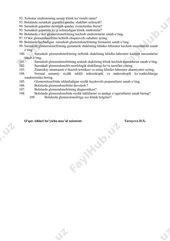 si? 69. oshqozon va o'n ikki barmoqli ichak yaralarining differensial diagnostikasi? 70. surunkali gastroduodenitning laboratoriya va instrumental diagnostikasi? 71. oshqozon va o'n ikki barmoqli ichakning surunkali oshqozon yarasi asoratlarini sanab o'ting? 72. surunkali gastrit va gastroduodenitda qanday davolash usullari mavjud 73. oshqozon va o'n ikki barmoqli ichak yaralarini davolash tamoyillari? 74. surunkali gastroduodenitning oldini olish haqida gapirib bering? 75. surunkali gastroduodenit bilan og'rigan bolalarning reabilitatsiyasi va kuzatuvi haqida gapirib bering? 76. pevzner bo'yicha parhez stollari №1, №2 haqida gapirib bering 77. o’tkir pankreatit, etiologic omillari. 78. o’tkir pankreatitning patogenezi va patomorfologiyasi. 79. o’tkir pankreatitning klassifikatsiyasi va klinikasi. 80. o’tkir pankreatitning asoratlari. 81. o’tkir pankreatitning diagnostikasi. 82. o’tkir pankreatitning davolash usullari. 83. surunkali pankreatitga otish sabablari. 84. surunkali pankreatit patomorfologiyasi. 85. surunkali pankreatit patogenezi. 86. surunkali pankreatit tasnifi. 87. surunkali pankreatit klinikasi. 88. pankreatitlarni instrumental tekshirish usullari. 89. surunkali gepatitning asosiy sababi? 90. surunkali gepatitga xos belgilar? 91. surunkali gepatitda uzi …