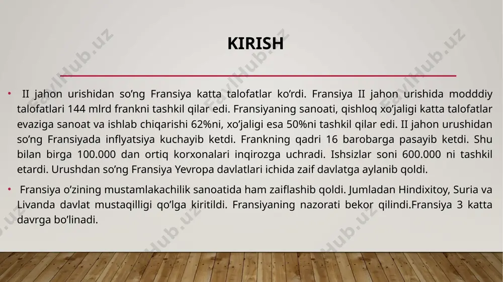imkoniyatlarni beruvchi ijtimoiy isloxatlar o’tkazishni zarur deb xisobladi. u sanoatni qisman natsionalizatsiya qilish, iqtisodiyot ustidan davlat nazoratini o’rnatish, ijtimoiy sugurta tizimi kiritish va mehnat sharoitlarini yaxshilashni shunday isloxatlar qatoriga kiritdi. tashqi siyosatda sh. de goll tashqi siyosatda sh. de goll yagona iqtisodiyot va siyosiy ittifoqqa birlashtirishning kat'iy va izchil tarafdori bo’ldi. u mazkur birlashish fransiya rahbarligi asosida amalga oshishini kuzda to’tdi. 1944 – yil martda urush hali kizgin kechayotgan va ittifoqchilar normandiyaga qo’shin tushushiga endi tayyorlanayotgan bir paytda u g’arb mamlakatining keng guruxiga yevropada iqtisodiyot asosda birlashish dasturini ilgari surdi. bu blokka germaniyaning kushilishi ham kuzda to’tdi, biroq sssr va sharqiy yevropa mamlakatlari unda yo’q edi. urushdan keyingi dastlabki hukumat urushdan keyingi dastlabki vakti hukumatga sh. de goll rahbarlik qildi. hukumat tarkibiga antifashist partiya vakillari, qarshilik harakatining faol ishtirokchilar, shu jumladan, kommunistlar va sotsialistlar kirdi. vaktli hukumat okkupatsiya yillarida fashistlar bilan hamkorlik kilgan kishilarni davlat apparatidan tozaladi. peten va laval …