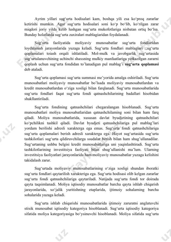 i sug‘urta hodisalari kam, boshqa yili esa ko‘proq zararlar ketirishi mumkin. agar sug‘urta hodisalari soni ko‘p bo‘lib, ko‘rilgan zarar miqdori joriy yilda kelib lushgan sug‘urta mukofotlariga nisbatan ortiq bo‘lsa. bunday holatlarda sug‘urta zaxiralari mablagiaridan foydalanadi. sug‘urta faoliyatida moliyaviy munosabatlar sug‘urta fondlaridan loydalanish jarayonlarida yuzaga keladi. sug‘urta fondlari mablagiari :;ug‘urta qoplamalari toiash orqali ishlatiladi. mol-mulk va javobgarlik sug‘urtasida sug‘urtalanuvchining uchinchi shaxsning mulkiy manfaatlariga yetkazilgan zararni qoplash uchun sug‘urta fondidan to’lanadigan pul mablag’i sug‘urta qoplamasi deb ataladi. sug‘urta qoplamasi sug‘urta summasi me’yorida amalga oshiriladi. sug‘urta munosabatlari moliyaviy munosabatlar bo’lsada moliyaviy munosabatlardan va kredit munosabatlardan o‘ziga xosligi bilan farqlanadi. sug‘urta munosabatlarida sug‘urta fondlari faqat sug‘urta fondi qatnashchilarining badallari hisobidan shakllantiriladi. sug‘urta fondining qatnashchilari chegaralangan hisoblanadi. sug‘urta munosabatlari moliya munosabatlaridan qatnashchilaming soni bilan ham farq qiladi. moliya munosabatlarida, xususan davlat byudjetining qatnashchilari ko‘pchilikni tashkil qiladi. davlat byudjeti qatnashchilariga pul mablag’lari yordam berilishi adresli xarakterga ega emas. sug‘urta fondi qatnashchilariga sug‘urta qoplamalari berish adresli xarakterga …