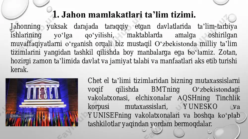 hlarda bilim beradilar. yaponiya ta’lim tizimi. yaponiya iqtisodiy qudrati jihatidan aqsh dan keyin ikkinchi o’rinda turadi. yaponiya ta’lim tizimi bolalar bog’chalari (3-5yoshli) xususiy 59,9%, tuman tasarufidagilar 40,8 %, davlatniki 0,3 % tashkil qiladi, majburiy ta’lim 9 yillik (6-15 yoshgacha) boshlang’ich maktab (6 yillik), kichik o’rta maktab (3 yillik), yuqori o’rta maktab (kundizgi, kechki va sirtqi bo’limlari) o’quvchilarning 95% kundizgi maktablarda ta’lim oladilar (bu turdagi maktablarda o’qish ihtiyoriy), oliy ta’lim tizimlariga bo’linadi. yaponiya maktablarida o’qish 1-aprelda boshlanib, kelasi yilning 31 martida nihoyasiga yetadi. boshlang’ich va kichik o’rta maktablarda o’quv yili 3 semestrga bo’linadi. 1) 1-apreldan-20 iyulgacha 2) 1- sentyabrdan- 26 dekabrgacha 3) 7-yanvardan -25 martgacha katta o’rta maktablarda esa o’quv yili 2 yoki 3 semestrga bo’linadi. ta’tillar yozda, qishda va bahorda bo’ladi. o’quv yili 240 kundan iborat. darslar 7 soat. yaponiyada universitetlar, kichik kollejlar, texnik kollejlar, maxsus ixtisoslashtirilgan kollejlar oliy ta’lim tizimini tashkil etadi. turkiya ta’lim tizimi. turkiya ta’lim tizimlari mamlakat …