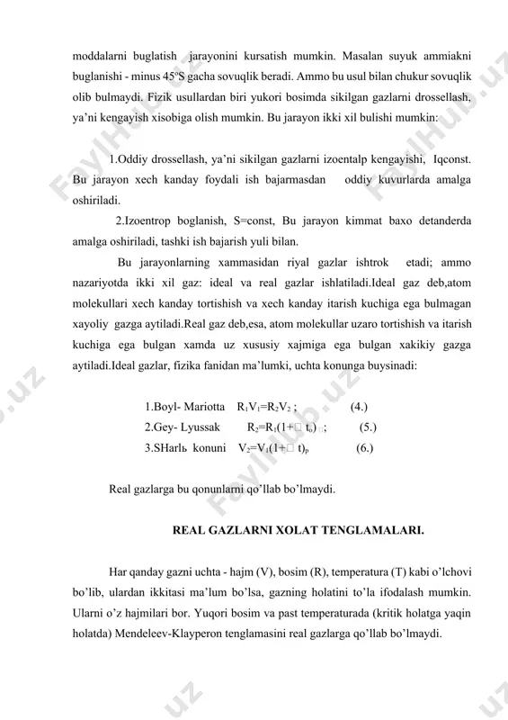 a misol ilmiy tekshirish kriostatlarida past xarorat olish va saklash ( termos ) kurilmalari va xokazolar. 2. suyuklantiruvchi tsikllar - bular suyuk xoldagi azot, kislorod, vodorod, metan, geliy va xokazolarni olish uchun ishlatiladi. 3. gazlarni ajratish kurilmalari tsikllari. ularda gaz aralashmalarini ajratish jaraenida ularni kuruk tuyingan xolatga keltirib va keyinchalik suyuklantirib, xamda bu olingan suyuklikni rektifikatsiyalash kuzda tutiladi. bulish maxsulotlarini ( kislorod, azot va boshkalar ) gaz va ayrim kurilmalarda esa, suyuk xolatlarda olish mumkin. gazlarni ajratish tsikllari sovutish usuliga karab uch asosiy xilga bulinishi mumkin: a) drossellash ta’sirini kullash tsikllari. bunga bir pogonali drossellash tsikllari; xavoni ikki xil bosimli tsikllari, xamda shu tsikllari oralik ammiakli va freonli (metan va etan ftorxloridlarining texnikaviy nomi ; masalan: «freon - 12» - bu sf2c12 dir; uning kaynash xarorati minus 30os dir) sovutgichli xillari. b) adiabat kengayishni kullaydigan va tashkariga ish beradigan tsikllar, ya’ni gazlarni detanderda kengayishi bilan ishlaydigan tsikllar. v) drossellash va …