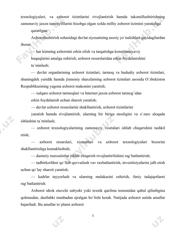 xususiyatini o`zgartirishi mumkin. bunda axborotni tashuvchi signalning o`zaro bir qiymatliligi, uzatishning obyektivligi va batafsilligi, qabul qiluvchi subyektning qabul qilish imkoniyati to`g`risidagi masalalar yuzaga keladi. axborot uzatilishi – bu axborot jarayonining bir qismini tashkil etadi. aslida axborot jarayoni u yoki bu manbada joylashgan axborotni qabul qilish va qayd etishdan boshlanadi. axborot turli shovqinlardan ajratiladi. signalni shakllanish jarayoni tugallanib, uning yordamida axborot uzatiladi. signal diskret shaklda ifodalanishi mumkin bo`lgan aniq tuzilishga ega. kompyuterning ishlashi diskretlashtirilgan signallarni uzatish tamoyiliga asoslangan bo`lib, u formal-mantiqiy amallarni bajaradi. obyektlar obrazini subyektiv qabul qiladigan insondan farqli o`laroq, kompyuter obyektning turli belgilari kodlarini qabul qiladi. inson va kompyuterning axborotni qabul qilishdagi prinsipial farqqa qaramasdan ikkalasida ham axborot jarayoni ma`lumotni qabul qilish va uni ajratishdan boshlanadi. axborotning o`zi — elektr, akustik, optik va shular kabi fizik kanallar orqali uzatish uchun qulay bo`lgan signal mazmunidir. axborotni qabul qilish — uni boshqa subyekt yoki qabul qilish qurilmasi tomonidan ikkilamchi qabul qilinishidir. …