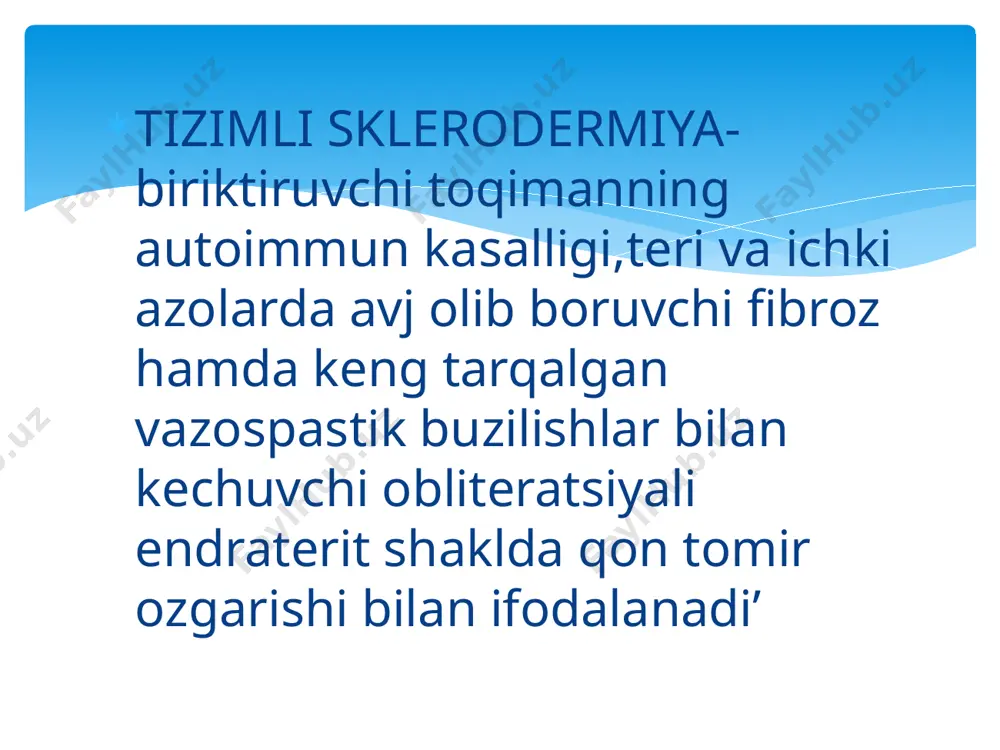 16-yoshgacha boshlanishi 7-industirlangan sklerodermiya-tarqoqlangan kuproq terining diffuz shikastlanishi tsd ning kilinik shaklari klassifikatsiyasi chegaralangan(pilakchali yoki chiziqli) diffuza(generalashgan yoki sistemali) aralash 1-bosqich=shish bosqischi---- 1-2 xafta davom etadi tezda 2-bosqichga utadi 2-zichlashish bosqichi---- bunda teri silliq,yaltiroq,tarang va xamirsimon konsitensiyaga ega bulib rangi soglom teri rangidan to och-qizil yoki kukish tusgacha buladi.bu bosqichda teri paypaslanganda zich,sovuq,burmalarga olishning deyarli iloji yoq.ochoqni orab turuvchi kukish xalqa juda xarakterli buli(pereferik usish xalqasi)deyiladi.ochoqlar mumsimon sargish yoki kulrangda buladi chegaralangan sklerodermiya kechishda 3ta bosqich tafovut etiladi 3-atrofiya bosqichi--- teri yupqalashadi,oqish ranga kiradi pergament qogoz kurinishni eslatadi bu katta polimorfizm va polisindromiya bilan ajralib turadi,bu kasallikning tizimli xususiyatni aks ettiradi va nisbatan yaxshi sifatli shakklardan tarqalgan,tezkor va fatalga qadar ozgaradi. tsdning kilink kurinishi yuzva qollarda- niqobsimon yuz,sklerodaktilya(qush panja xolat),trofik buzilishlar(oshqozon yarasi,xoppozlar yoki absess,tirnoqlarning deformatsiyasi,alopesiya-soch tukilishi)depigmentatsiya joylari bilan almashadigan terining giperpigmentatsiyasi,qon-tomir naqsh va teleangiektaziya(yalliglanishsiz teri tomirlari arteriola ,venula,kapilyarlarning doimiy kengayishi),asosan yuz va kukrakda ayrim bemorlarda –fokal teri zararlanishi. asosiy lokalizatsiya …