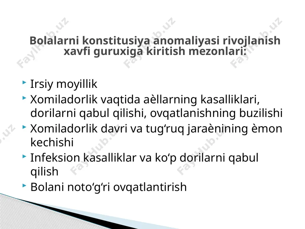 ing marmarsimonligi xarakterli. tana tuzilishi disproporsional, oѐq-qo‘llari uzun, teri osti ѐg‘ qavati bir tekis taqsimlanmagan (tananing pastgi qismlarida ko‘proq). odatda barcha pereferik limfa tugunlari va bodomcha bezlari kattalashgan, ba'zan gepatosple- nomegaliya aniqlanadi 70% bolalarda ayrisimon bez kattalashgan. disembriogenezning bir qancha belgilari: yurak va katta tomirlar, buyrak, tashqi jinsiy a'zolar, endokrin bezlar gipoplaziyasi, rivojlanishning kichik nuqsonlari periferik qonda absolyut va nisbiy limfositoz, neytro- va monositopeniya. qonning bioximik taxlilida glyukoza konsentratsiyasining pasayishi, xolesterin va fosfolipidlar konsentratsiyasining ortishi. klinik belgilar rentgenologik tekshiruvda ayrisimon bezning kattalashuvi. qiѐsiy tashhis ekd, ba'zan qon kasalliklari va vich-infeksiya bilan o‘tkaziladi timomegaliya va lgd bor bolalarda o‘lim xaѐtining birinchi yilida 10%ni tashkil qiladi. odatda ldg belgilari balog‘at ѐshigacha o‘tib ketadi, lekin ba'zilarda bir umrga saqlanib qolishi mumkin tashxis va bashorati nervno-artritik diatez – mnsning yuqori qo‘zg‘aluvchanligi, spastik va allergik simptomlar bilan namoѐn bo‘luvchi, moddalar almashinuvi, birinchi navbatda siydik kislotasi va purin asoslarining genetik ta'minlangan buzilishidir. «nervno-artritik diatez» tushunchasini v …