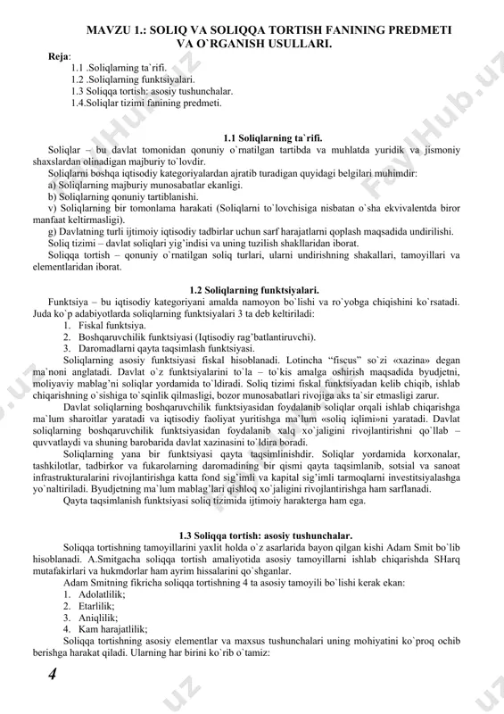 ishi kerak ekan: 1. adolatlilik; 2. etarlilik; 3. aniqlilik; 4. kam harajatlilik; soliqqa tortishning asosiy elementlar va maxsus tushunchalari uning mohiyatini ko`proq ochib berishga harakat qiladi. ularning har birini ko`rib o`tamiz: a) soliqqa tortish sub`ekti – qonun bo`yicha soliqlarning to`lash majburiyati yuklatilgan yuridik va jismoniy shaxs yalpi ichki shaxsning ishlab chiqarishdan asosiy ishtirokchilari soliq to`lovchi bo`lib hisoblanadi: yollangan xodimlar, xo`jalik yurituvchi xodimlar, sarmoya egalari. soliq sub`ekti hamisha ham real soliq to`lovchisi bo`lavermaydi. aksizga tortiladigan tovarlarning ishlab chiqarish va sotadigan sub`ektlar aksiz solig’i sub`ekti hisoblanadi ammo aslida ular bu soliqni yig’ib beruvchilar bo`lib hisoblanadi. soliqqa tortish sub`ekti nuqtai nazaridan rezident tushunchasi ajratiladi. rezidentlar asosan muayyan davlatda doimiy yashash joyiga ega bo`lgan shaxslardir. norezidentlar ushbu davlatda doimiy yashash joyi bo`lmagan shaxslardir. jismoniy shaxs u yoki bu davlatda soliq to`lanadigan davlatda 183-kundan ortiq yashasa yoki u erda o`zining xaetiy yoki amaliy manfaatlar markaziga ega bo`lsa mazkur davlat rezidenti bilan farq qiladi .yuridik shaxslar …