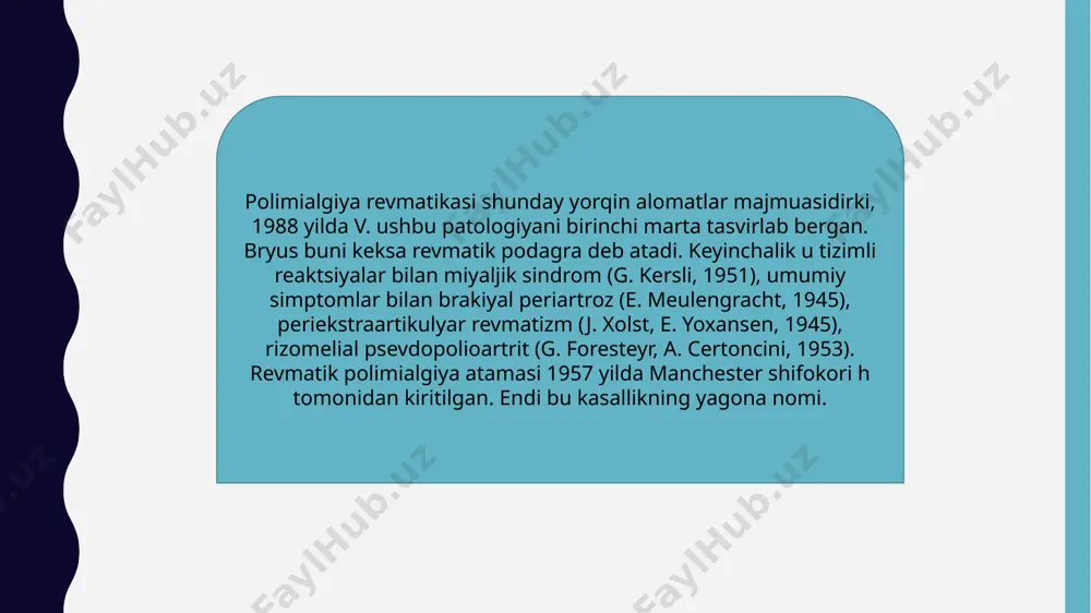 ndart dozasi bilan sezilarli darajada kamaysa ham davom etadi; "soqov" - mushaklarda og'riq yo'q, ammo asteniya, depressiya va esr va crp darajasining oshishi mavjud; bu variant keng tarqalgan emas. 2003 yilda b. f. leeb va h. a. bird revmatikaning faolligi va borishini baholagan ko'p markazli tadqiqot o'tkazdilar aoliyat indeksini hisoblash uchun ko'rsatkichlar: bemorning vizual analog shkalasi bo'yicha og'riqni baholash (vash), mm; shifokor tomonidan og'riqni baholash sizning palpatsiya paytida, mm; ertalabki qattiqlik, daqiqalar; qabul paytida qo'llarni ko'tarish, ballar; mushaklar kuchi, ballar; differentsial diagnostika revmatik polimialgiya quyidagi kasalliklardan ajralib turishi kerak: romatoid artrit; mikrokristalli artrit (podagra, pirofosfat artropatiyasi); seronegativ artrit (bexterev kasalligi, reaktiv artrit, psoriatik spondiloartrit); vaskulit (gigant hujayrali arterit, anca bilan bog'liq vaskulit); dermatopolimiozit; polimiyozit; impijment sindromi; yopishqoq kapsulit; osteoartrit; fibromiyalgiya; endokrin kasalliklar (qalqonsimon va paratiroid bezlari); infektsiyalar, viruslar; onko-va gematologik kasalliklar; dorivor mialgiya (masalan, statinlar bilan davolashda). polimialgiya revmatikasini davolash revmatik polimialgiya uchun asosiy davolash glyukokortikoid terapiyasi (ha) [20]. aniq …