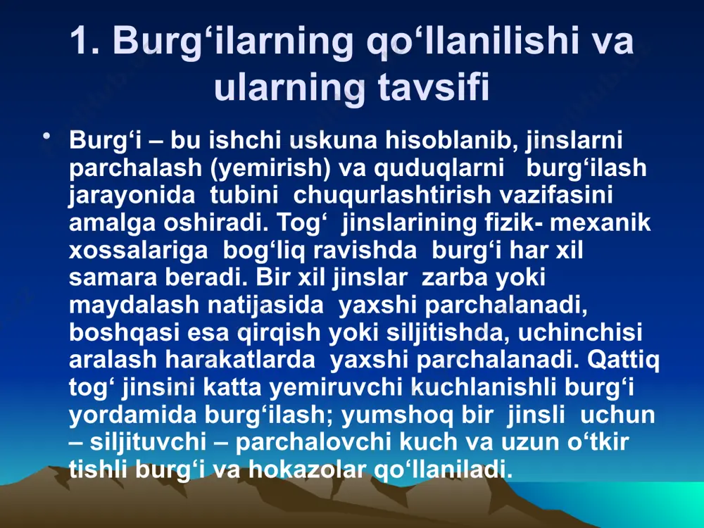 shikka yog‘ va neftga chidamli rezinali halqa yordamida о‘rnatiladi. bosim 6 mn/m2 oshib ketganda uning germetikligi ta’minlanadi. (60000/10000 = 6 kg/sm2) sharoshkali burg‘ilar burg‘ilash amaliyotida bir, ikki, uch, tо‘rt, besh va olti sharoshkali burg‘ilar qо‘llaniladi. burg‘ilash amaliyotida eng kо‘p tarqalgan bu uch sharoshkali burg‘idir. konstruksiyasiga, jins yemiruvchi elementlarining shakli va joylashuviga, yuvuvchi teshiklarning konstruksiyasiga va joylashuviga qarab juda kо‘p turdagi burg‘ilar ishlab chiqariladi. quduqlarni yaxlit burg‘ilash uchun uch sharoshkali seksiyali burg‘ilar turkumli holda ishlab chiqariladi. bu sharoshkalar bir-biriga payvandlash yо‘li bilan biriktiriladi va payvandlangandan keyin burg‘ining yuqori qismiga rezba chiqariladi va 2 ta yuvuvchi teshik bilan ta’minlanadi. hozirgi paytda konstruksiyasi va joylashuvi, jins yemiruvchi elementlari, sharoshka tayanchi, konstruksiyalari bir-biridan tubdan farq qiladigan о‘n uch turdagi uch sharoshkali burg‘ilar ishlab chiqariladi. m, ms, s, st, t turdagi sharoshkalar: bunday turdagi sharoshka jins parchalovchi tishlar bilan ta’minlangan bо‘ladi, korpusning о‘qidagi sharoshkalar frezerlangan yoki sharoshkaning о‘rniga shtampovka qilingan holda о‘rnatiladi. burg‘ida balandlik va …