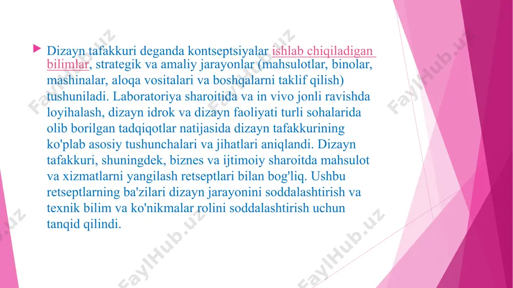 bki yondashuvlarni topasiz. dizayn, sodda qilib aytganda, niyatni ifodalash haqida. biror kishi qanday bo'lishni xohlashini tanlashi bilan, ular loyihalashmoqda. agar biz ajoyib dizaynlarni yaratmoqchi bo'lsak, unda qanday qilib bu maqsadni amalga oshiramiz? bu dizayn jarayonining roli. bizning tadqiqotlarimizda eng yaxshi dizaynlarni ishlab chiqaruvchi jamoalar umumiy tushunchani shakllantirishga qaratilgan jarayonni boshdan kechirmoqdalar. dizayn tafakkuri - bu amaliyotchilar loyihalash jarayonida qo'llashlari mumkin bo'lgan bilim faoliyati majmui. u ma'lum bir joy yoki sanoat uchun qurilmagan va shuning uchun u barcha sohalardagi tashkilotlar uchun mashhur metodologiyaga aylandi. agar siz struktura bilan yangilik qilishni xohlasangiz, unda design thinking sizga ushbu maqsadga erishishda yordam berishi mumkin. dizayn tafakkuri qayerdan kelib chiqadi? dizayn tafakkuri nomi bilan metodologiyaning birinchi eslatmasi kitobda 1987 yilga to'g'ri keldi design fikrlash piter rou tomonidan, materialda xuddi shunday tushunchalar va fikrlar mavjud edi, ular 1940-yillarga to'g'ri keladi. avvaliga bu ijodkorlik texnikasi to'plami bo'lib, keyinchalik sanoat echimini loyihalashda yillar davomida yanada dolzarb bo'lib qoldi. …