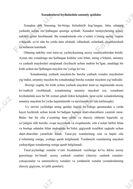 arab belgilanadi. turar-joylardagi xonalar o‘zini foydalanish vazifasiga ko‘ra ikkita asosiy guruxlarga bo‘linadi: asosiy yashash xonalari (shaxsiy yashash xonalari- yotoqxonalar va umumoilaviy xonalar) va yordamchi xonalar (xonadonlarning shaxsiy gigiyena, xo‘jalik qismlari). xonadonlar asosiy, xo‘jalik va shaxsiy yashash zonalariga bo‘linadi. xonadonlarning asosiy qism zonasidagi xonalarga mehmon kutib oladigan va shu bilan birga oila a’zolari bir yerga to‘planadigan yemakxona, mehmonxona, ish kabinetidan iborat bo‘ladi. bu xonalarga to‘g‘ridan-to‘g‘ri daxliz orqali o‘tiladi. (rasm) rasm. xonadon xonalarining tarkibi: a-yotoqxonalar: 1-ota-onalar uchun; 2-bolalar uchun; 3-kattalar uchun; v-umumiy xona: 4-yemakxona; 5-mehmonxona; sishchi xona; d-yozgi turar xona; e-yozgi ro‘zg‘orxona; 6-dahliz; 7-oshxona; 8xojatxona; 9-hammom; 10-yo‘lak; 11-xujra; 12-qaznoqxona. yaxshi sanitar-gigiyenik sharoitni yaratish uchun har bir oila a’zosi yetarli miqdorda maydon bilan ta’minlaniladi, bu kamida 9 m.kv. hajmida. (kamida 25 m. kub.) bo‘ladi. xonalar va yordamchi xonalarning balandligi janubiy hududlarda 2,7 m. dan kam bo‘lmasligi kerak. sanitar - gigiyenik sharoitini yaxshilash maqsadida kelajakda turar-joy maydoni me’yori (normasi) bitta odamga 12-15 m.kv. ni …