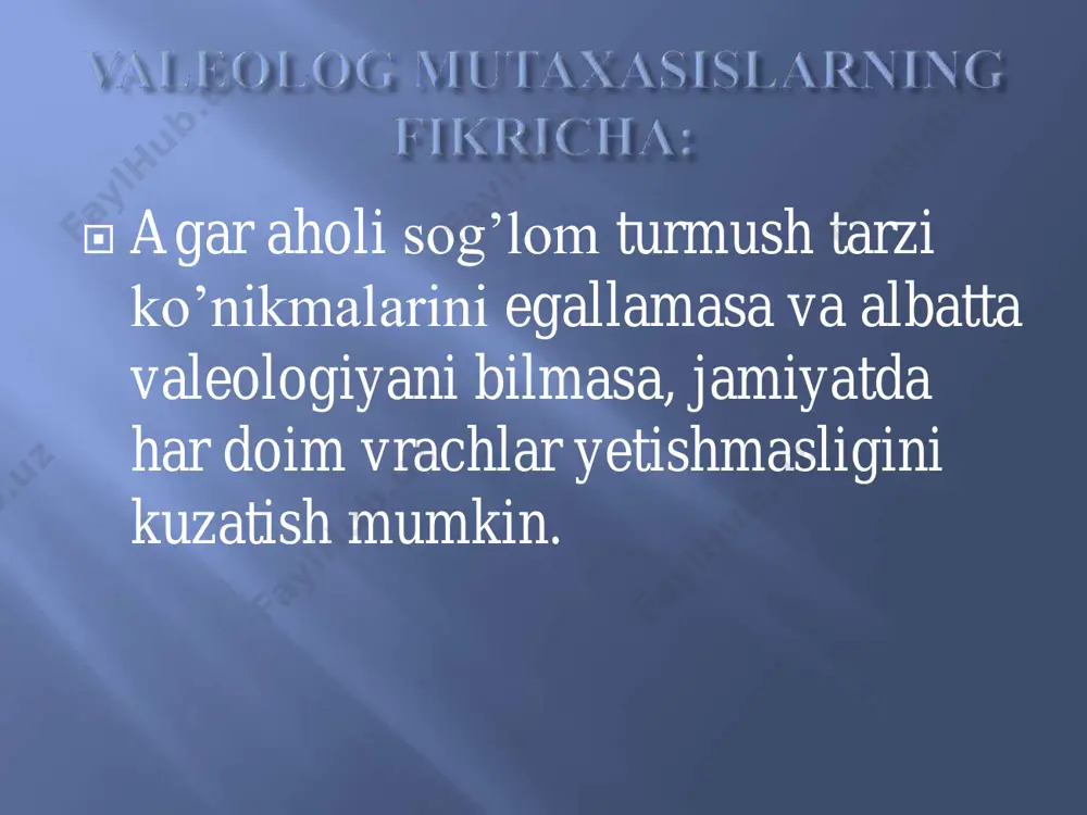 ga erishishga imkoniyat yaratish.  salomatlikni saqlash, mustahkamlash va uzoq umr ko’rishga da’vat etish.  umumiy valeologiya:  valeologiyaning tarixiy aspektlari  valeologiya fan sifatida va uning tasnifi  salomatlikni baholash usullari,aholiga axbarotni yetkazish usullari(maqsadli guruhlar)ritorika deontologiya va o’zaro munosabatlar ,monitoring va baholash  sog’lomlashtirish ishlarining samaradorligini baholash uchun protokol, algoritm va standartlar tushunchasi  salomatlik va unga ta’sir qiluvchi omillar  organizm zahiralari va adaptatsiya organizm zaxiralari va adaptatsiya  turmush tarzi va salomatlik mexanizmlari.  quyidagi savollarni : maqsadli guruhlar , ta’sir qilish aspektlari , standart va algoritm tushinchalarini ko’rib chiqish.  sog’lom turmush tarzini shakllantirishda samarali natijaga erishish maqsadida xuxusiy valeologiya 3 ta blokni o’z ichiga oladi.  stt shakllantirish konsepsiyasi yo’llari  ahloqiy odobiy omillarga ta’sir ko’rsatish (chekish , giyohvandlik , alkogolizm ijtimoiy kasalliklar asosan oits / oiv , jinsiy yo’llar bilan yuqadigan kasalliklar.  asosiy kasalliklar profilaktikasi (turli yoshdagi sog’lom insonlarning previntiv profilaktikasi.  ma`naviy …