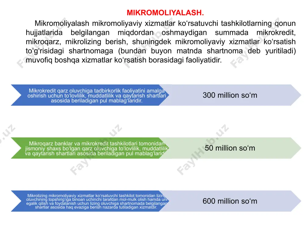 oliyaviy xizmatlar ko‘rsatishi mumkin: mikrokreditlar yoki mikroqarzlar berish; qarz majburiyatlarini sotib olish va sotish (faktoring); mikrokredit tashkiloti lizing beruvchi sifatida ishtirok etadigan mikrolizing (moliya ijarasi) berish; qonun hujjatlariga muvofiq boshqa turdagi mikromoliyaviy xizmatlar ko‘rsatish, shu jumladan iste’mol kreditlari berish kabilar shular jumlasidandir. mikrokredit tashkilotiga ruxsat etilmaydi: - qarz majburiyatlarini chiqarishga hamda yuridik va jismoniy shaxslardan omonatlar (depozitlar) qabul qilishga; - jismoniy shaxslardan qarz mablag‘larini jalb qilishga, bundan o‘z muassislari (ishtirokchilari, mulkdorlari) mustasno; - o‘z muassislarining (ishtirokchilarining, mulkdorlarining) majburiyatlari bo‘yicha kafil bo‘lishga yoki kafolat beruvchi bo‘lishga, shuningdek, ularga o‘z ajburiyatlari bajarilishini ta’minlashning boshqa usullarini taqdim etishga haqli emas. o‘zbekiston respublikasi markaziy banki qonun hujjatlarida nazarda tutilgan tartibda: – mikrokredit tashkilotlari ustav fondining eng kam miqdorini belgilaydi; – moliyaviy va kassa operatsiyalarini amalga oshirish, buxgalteriya hisobi va hisobotini yuritish qoidalarini, shuningdek, iqtisodiy normativlarni belgilaydi; – ko‘rsatilayotgan mikromoliyaviy xizmatlar uchun foizlarni hisoblash tartibini tasdiqlaydi; – mikrokredit tashkilotlarining faoliyatini tekshiradi va ularning faoliyatida aniqlangan …