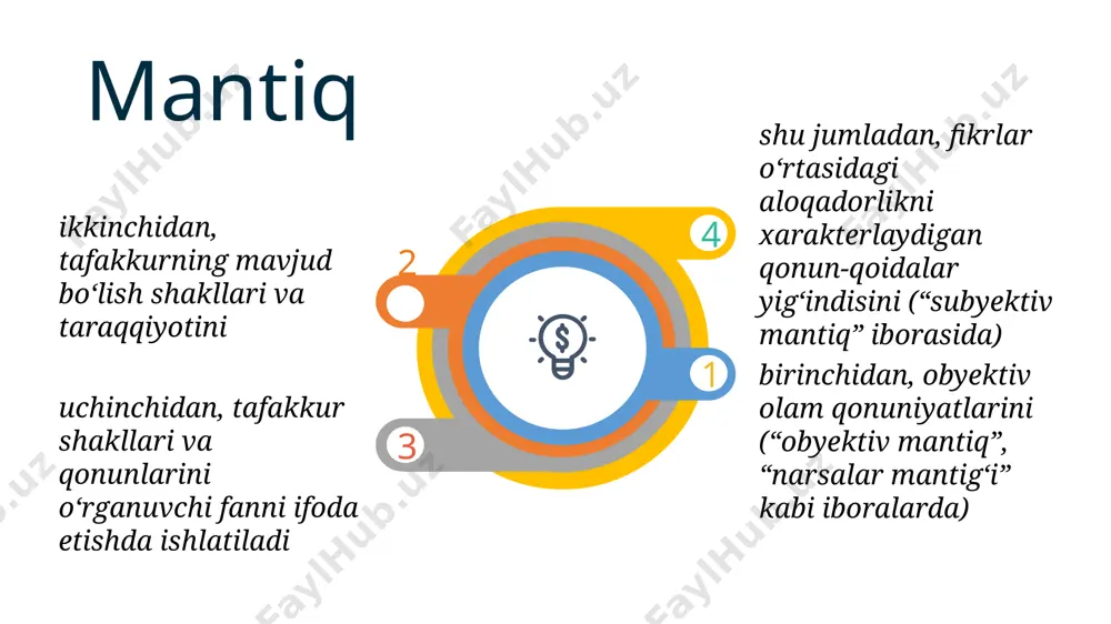 l – mantiq fanining asoschisi” va “aristotel – mantiq fanining asoschisi emas”-bu oʻzaro zid mulohazalardir. oʻzaro qarama – qarshi “bu dori shirin” va “bu dori achchiq” nozidlik qonuni ham bilish subyekti oldiga bir qancha talablarni qo‘yadi: 1-talabga muvofiq bir muhokama, xulosa chiqarish, bir muloqot strukturasida bir-birini istisno qiluvchi mulohazalar bo‘lmasligi kerak. 2-talab nozidlikni muhokamaning mantiqiyligi mezoni sifatida belgilaydi. 3-talab muhokamada foydalanilayotgan mulohazalarning chinlik tavsifini berishga undaydi. 4-talab muhokama strukturasida ko‘rinib turgan va yashirin ziddiyatlarni aniqlash zarurligini bildiradi. shu maqsadda ayniyat qonuni va uning talablariga taya’ni b o‘zaro aynan bo‘lgan mulohazalar aniqlanadi. aynan bir xil mulohazalar o‘zaro bir-birini istisno qilmaydi. 5-talab real va soxta ziddiyatlarni farqlashni ta’kidlaydi. ziddiyatning universal modeli – bu a va a emas bir munosabatda olingan bir obyekt. aks holda real mantiqiy ziddiyat emas, soxta ziddiyatga duch kelamiz. masalan, “kursant ozodov – a’lochi” va “kursant ozodov – qarzdorlar qatorida” deb aytganimizda familiyadosh bo‘lgan turli kursantlarni nazarda tutayotgan bo‘lsak, …