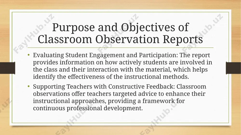 t engagement, and classroom dynamics, offering constructive feedback that helps teachers improve their instructional practices. through systematic observation, analysis, and reporting, educators are empowered to create more effective, student-centered learning environments that drive academic success and foster an enriched learning experience. thank you for attention image5.png image6.png image3.png image4.png /docprops/thumbnail.jpeg
