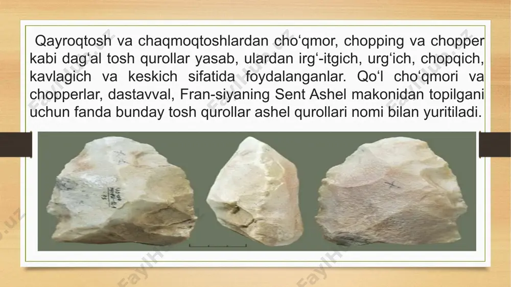 i topilmalari xulosa qilib aytganda, tosh davrining turli bosqichlarida toshga ishlov berish anʻanalari ham turlicha bo’lgan. paleolit davrida asosan qoʻpol , bir uchi urib oʻtkirlangan tosh qurollardan foydalanishgan .keyingi davrlarda esa tosh qurollarga ishlov berish ancha taraqqiy etdi va yangicha turlari kashf etildi. mezolit davriga kelib tosh qurollar kichrayib, mikrolitlar yasaldi, neolitga kelib esa ularga ishlov berishning yangi usullari silliqlash parmalash kabilar taraqqiy etdi . bajardi: mavlonova. g tekshirdi: umarov. u image7.png image8.png image9.jpeg image10.png image11.png image12.png image13.png image14.png image15.png image16.png image17.png image18.png image19.png image5.png image6.png image3.png image4.png