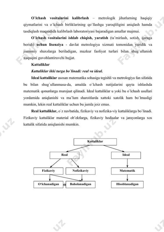 ng shkalasi - muayyan kattalikni o`lchash uchun boshlang`ich asos bo`lib xizmat qiladigan fizikaviy kattalikning tartiblashtirilgan qiymatlarining majmuasidir. fizikaviy kattalikni o`lchash jarayoni qandaydir fizik kattalik to`g`risida informasiya olish uchun dastavval uni anglash, ilg`ash, identifikasiyalash zarur, keyin esa tekshirilayotgan ob’yekt xossalarini hisobga olgan holda uni o`lchash masalasi belgilanadi. ilmiy tadqiqot o`tkazishda yoki ishlab chiqarishda biror fizikaviy kattalikni o`lchash uchun avvalo: 1) nima o`lchanishi kerak yoki real o`lchash ob’yekti aniqlanishi kerak va u ob’yekt qanday xossalarga ega va qanday kattaliklar orqali xarakterlanadi; 2) qanday vosita yordamida o`lchanadi, ya’ni talab etiladigan natijaga erishish uchun eng optimal variantli o`lchash vositasini tanlash va ishlatish zarur; 3) o`lchash qanday aniqlikda olib borilishi zarur. boshqacha qilib aytganda, dastavval o`lchash masalasi aniq belgilab olinishi kerak. istalgan o`lchashni kafolatlangan aniqlikda zarur natijalarni olishni ta’minlaydigan o`lchash operasiyalari va qoidalarining belgilangan majmui deb ta’riflash mumkin. bunda o`lchash operasiyalari o`lchash turi yoki ob’yektiga qarab juda murakkab xaraktyerda bo`lishi mumkin, ularning bajarilishi esa nafaqat …