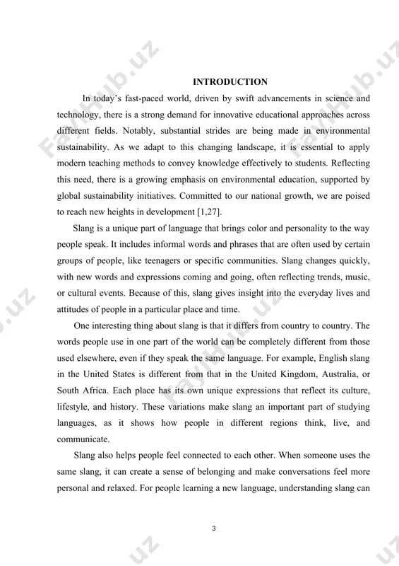 and its role in shaping identities. the object of the coursework is the examination of slang as a linguistic feature that varies by country and reflects unique cultural identities, values, and social connections. we will focus on specific examples of slang from selected countries and analyze their meanings and contexts. the subject of the coursework is the study of slang in different english-speaking countries. this includes understanding its formation, usage, and how it connects to culture, social groups, and local traditions. we will also investigate how global influences and technology affect the evolution of slang across these regions. the task of this coursework is to analyze slang’s role, evolution, and cultural impact in various english-speaking countries. this involves collecting examples, comparing them, and drawing conclusions about their significance in daily communication and cultural identity. the structure of the coursework consists of introduction, two chapters, conclusion and the list used of …