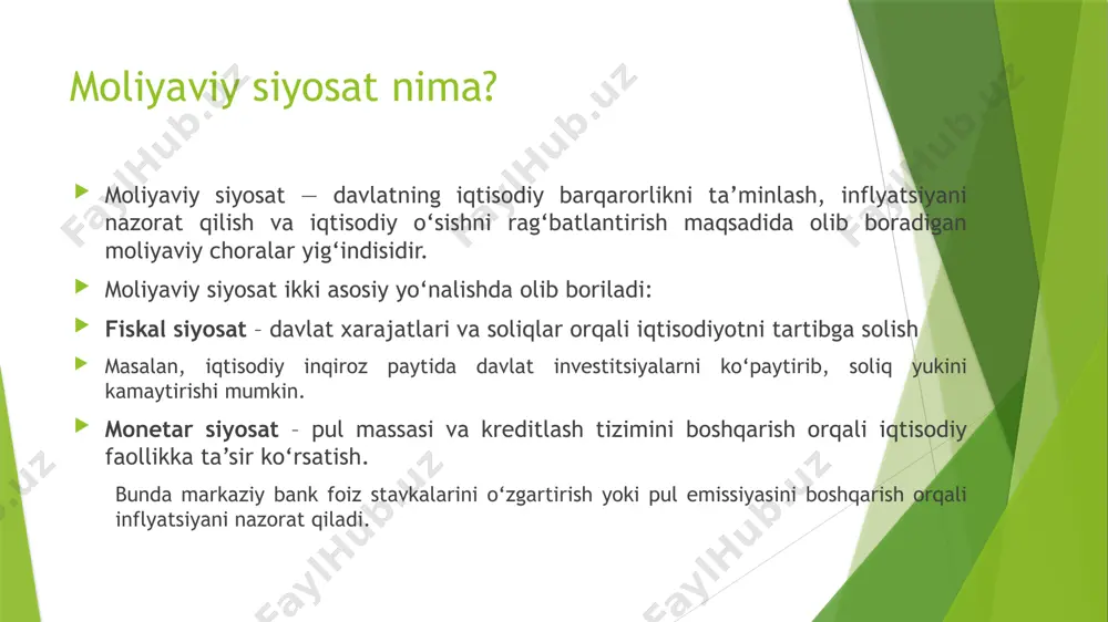 moniy va yuridik shaxslar uchun bank xizmatlarini ko‘rsatuvchi moliyaviy tashkilotlar. ipoteka banklari – uy-joy kreditlarini berish bilan shug‘ullanuvchi maxsus banklar qimmatli qog‘ozlar bozori bu bozor investorlar va kompaniyalar o‘rtasidagi moliyaviy operatsiyalarni amalga oshirish uchun xizmat qiladi. muhim elementlari: fond birjalari – qimmatli qog‘ozlarning savdosi amalga oshiriladigan bozor. obligatsiyalar va aktsiyalar – kompaniyalarning kapital jalb qilish usullari. investitsiya fondlari – turli aktivlarga sarmoya kiritish orqali investorlarga foyda keltiruvchi tashkilotlar. sug‘urta va pensiya fondlari sug‘urta kompaniyalari va pensiya fondlari iqtisodiy xavfsizlikni ta’minlashga xizmat qiladi: hayot va mol-mulk sug‘urtasi tibbiy sug‘urta pensiya jamg‘armalari /docprops/thumbnail.jpeg