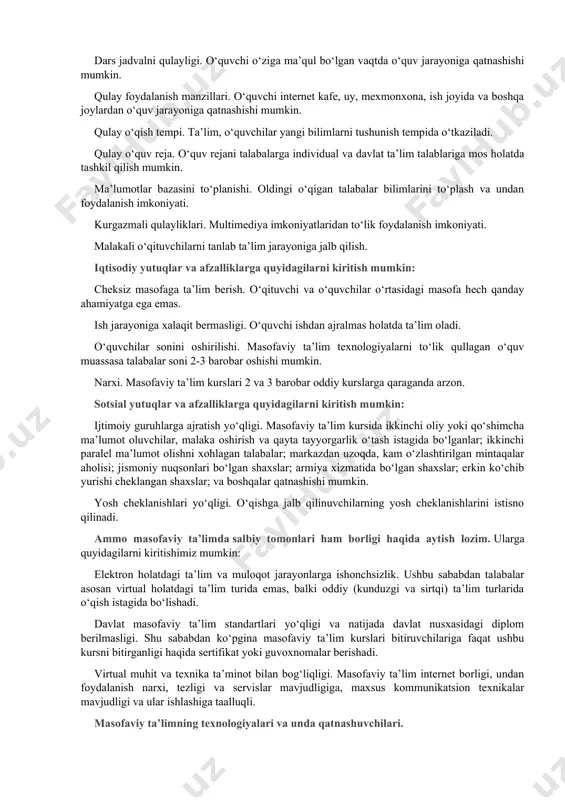 o‘quvchilar o‘quv kursning bir qismini kunduzgi, boshqa qismini esa masofadan o‘qiydi. shu bilan birga bu ta’lim turiga virtual seminar, prezentatsiyalar va lektsiyalar o‘tkazish ham kiradi. bu modelga misol qilib yangi zelandiyadagi massey universitetidagi (http://www.massey.ac.nz) ta’limni olish mumkin. konsortsium. ushbu model ikkita universitetlarni bir biri bilan birlashini talab qiladi. ushbu muassasalardan biri o‘quv kurslarni tashkil qilib ishini ta’minlasa, ikinchisi esa ularni tasdiqlab, kurslarga o‘quvchilarni ta’minlaydi. shu bilan birga bu jarayonda butun universitet emas, balki bitta kafedra yoki markazi yoki universitet o‘rnida ta’lim sohasida ishlaydigan korxonalar ham qatnashishi mumkin. ushbu modelda o‘quv kurslarni doimiy ravishda nazorat qilish va muallif xuquqlarini tekshirish zarur bo‘ladi. bu modelga misol qilib kanadadagi ochiq o‘quv agentligidagi (http://www.ola.bc.ca) ta’limni olish mumkin. franchayzing. ushbu model ikkita universitetlar bir biri bilan o‘zlari yaratgan o‘quv kurslar bilan almashishadi. masofaviy ta’lim sohasida etakchi bo‘lgan o‘quv muassasa bu sohada ilk qadam qo‘yadigan muassasaga o‘zining o‘quv kurslarni takdim qiladi. ushbu modelda ikkala muassasa o‘quvchilari …