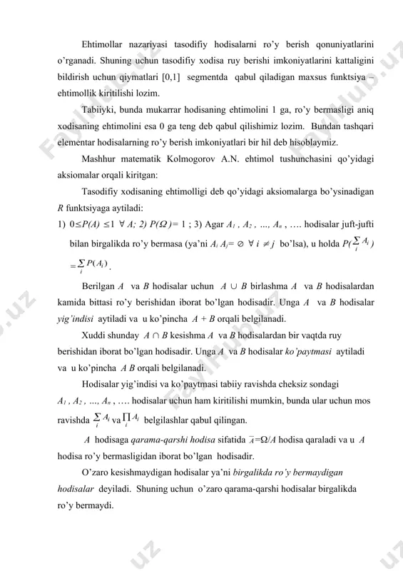 ruy berishidan iborat bo’lgan hodisadir. unga a va b hodisalar ko’paytmasi aytiladi va u ko’pincha a b orqali belgilanadi. hodisalar yig’indisi va ko’paytmasi tabiiy ravishda cheksiz sondagi a1 , a2 , …, an , …. hodisalar uchun ham kiritilishi mumkin, bunda ular uchun mos ravishda va belgilashlar qabul qilingan. a hodisaga qarama-qarshi hodisa sifatida =(/a hodisa qaraladi va u a hodisa ro’y bermasligidan iborat bo’lgan hodisadir. o’zaro kesishmaydigan hodisalar ya’ni birgalikda ro’y bermaydigan hodisalar deyiladi. shuning uchun o’zaro qarama-qarshi hodisalar birgalikda ro’y bermaydi. binomial taqsimot. n ta sinashdan iborat bo’lgan tajriba bernulli sinash sistemasi deyiladi agar a) ihtiyoriy sinashda a hodisaning ro’y berishi p ehtimoli uning boshqa sinashlarda ro’y berish-bermasligiga bog’liq emas; b) istalgan sinash faqat a va o’zaro qarama-qarshi oqibatga ega, bunda hodisaning ehtimoli q=1–r ga teng. p(n,m) orqali n ta sinashdan iborat bo’lgan tajriba mobaynida a hodisa t marta ro’y berishi ehtimolini belgilaymiz. a hodisa ta har biri …