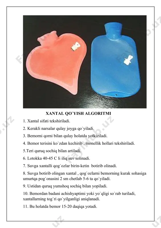 muddati 8-10 oy muzli xaltacha qo`yish algoritmi 1.muzli xaltachaning butunligi teksiriladi. 2.muzlatkichdan oldindan tayyorlab qo`yilgan muz parchalari xaltachaga solinadi , so`ng ustiga 12-14 c ga ega bo`lgan suv solinadi. 3. xaltacha og`zi burab mahkamlanadi. 4. muzlar ( xaltachada ) bir tekisda joylanishi uchun xaltacha ikkala qo`l bilan bir necha marotaba qo`zg`atiladi. 5. xaltachadagi muzlar erib xaltacha hol bo`lib qolsa , u artib turiladi. 6. muzli xaltachani uzoq vaqt qo`llash mumkin , lekin har 10-15 daqiqadan so`ng tanaffus qilish, maqsadga muvofiq hisoblanadi . muz soladigan xaltacha quruq holda saqlanadi . mahalliy isitguvchi kompress qoyish muolaja algoritmi 1.bemorning isituvchi kompress qo`yiladigon joyi ko`zdan kechiriladi . 2. kerakli narsalarni tayyorlab , qulay joyga qo`yiladi. 3.bir bo`lak oq surp yoki doka uch buklanadi. 4.surp 10-12 c da 70 % li spirtli eritmaga botirilib , ortiqcha suyuqllik siqib tashlanadi. 5. eritmaga botirilgan surp bemor badaning kerakli qismiga qo`yiladi. 6. uning ustidan 2 sm ga keng …