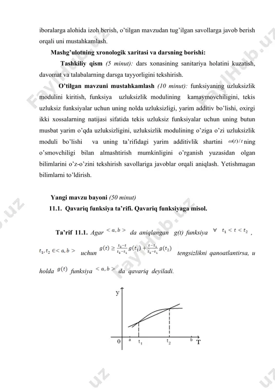 ariqligi shartni bajarilishini taqazo qiladi. 11.3. qavariq uzluksizlik modulining xossasi. agar qavariq, kamaymovchi, nolda uzluksiz va funksiya bo’lsa, u holda u uzluksizlik modulidir. isbot. ga binoan funksiyaning o’smovchiligini ko’rsatish kifoya. buning uchun ixtiyoriy sonlarni olib, ning qavariqligini nazarda tutsak, ya’ni , ya’ni xossa isbotlandi. □ 11.4. qavariq uzluksizlik modulining xossasi. agar ixtiyoriy uzluksizlik moduli bo’lsa, u holda shunaqa qavariq uzluksizlik moduli mavjudki, barcha lar uchun bajariladi. bunday qavariq uzluksizlik moduli ning mavjudligi va uning yuqoridagi tengsizlikni qanoatlantirishi quyidagi chizmadan ko’rinib turibdi. 4-chizma bu xossaning qat’iy isboti quyidagi lemmaga asoslanadi. lemma 11.1. faraz qilaylik biror to’plamda o’zgargan taqdirda hosil bo’ladigan funksiyalar oilasi berilgan bo’lsin. agar har bir uchun funksiya kamaymovchi va qavariq bo’lsa, u holda funksiya ham kamaymovchi va qavariq bo’ladi. isbot. funksiyaning kamaymovchiligi ravshan. ixtiyoriy va uchun embed equation.3 shuning uchun , ya’ni qavariq funksiya. □ xossaning isboti. emas deb hisoblaymiz. shuning uchun bo’lganda, deb hisoblab, . bu yerda minimum …