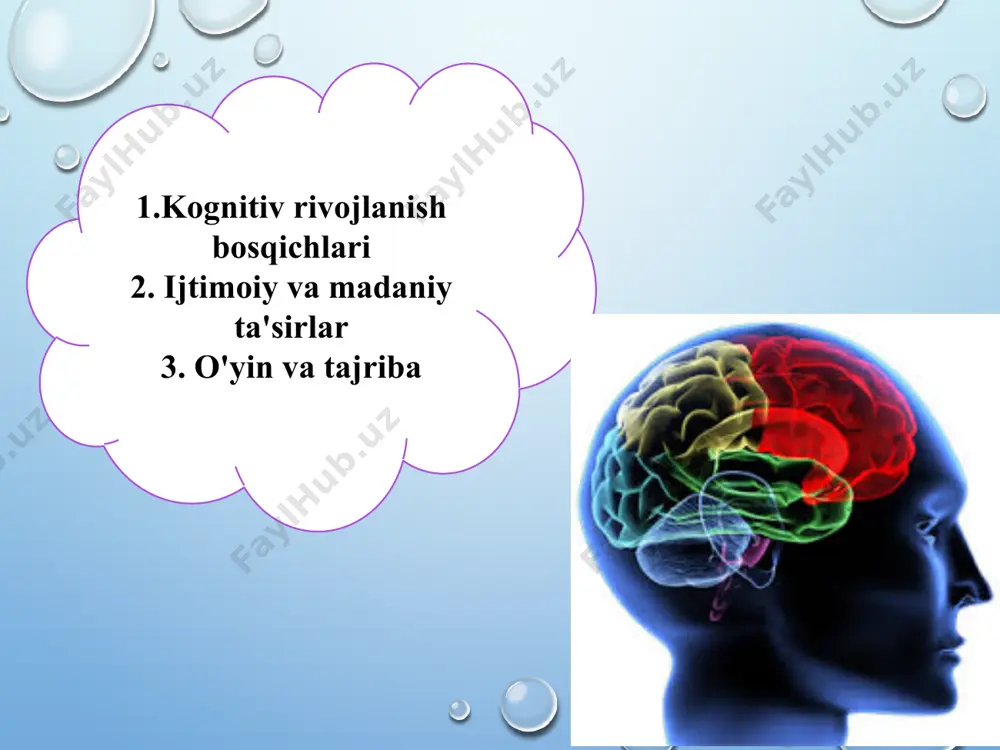 ish qobiliyatini rivojlantiradilar. bu masalan: matematik tenglamalar, ilmiy tadqiqotlar yoki ijtimoiy masalalarni qaror qilishda o'zini namoyon qiladi. 7 o'yin va tajriba bolalar o'yin orqali kognitiv jarayonlarni rivojlantiradilar. o'yinlar, jumladan, rolli o'yinlar, konstruktiv o'yinlar va muammolarni hal qilish o'yinlari bolalarga yangi bilimlar va ko'nikmalarni o'zlashtirishga yordam beradi. o'yinlar orqali bolalar o'z fikrlarini ifoda etish, ijtimoiy ko'nikmalarni rivojlantirish va muammolarni hal qilish qobiliyatini oshiradilar. 8 bolalik davrida turli xil o`yinlar orqali eslash va o'rganish jarayonlari ham muhim ahamiyatga ega. kichik yoshdagi bolalar qisqa muddatli xotiraga ega bo'lsa, ulug'aygan sayin ular uzoq muddatli xotira va e'tiborlarni boshqarish qobiliyatini rivojlantiradilar bolalar yangi ma'lumotlarni o'zlashtirishda turli strategiyalarni qo'llaydilar, masalan, takrorlash, tasviriy fikrlash va mantiqiy bog'lanishlarni o'rganish. eslash jarayoni bolalarning bilimlarini mustahkamlash va ularni kelajakda qo'llash uchun zarurdir. shuningdek, bolalar e'tiborini to'plab, murakkab vazifalarni bajarish imkoniyatiga ega bo'ladilar. 9 emotsional va motivatsion omillar bolalar kognitiv jarayonlarini rivojlantirishda emotsional va motivatsion omillar ham muhim rol o'ynaydi. o'zlariga …