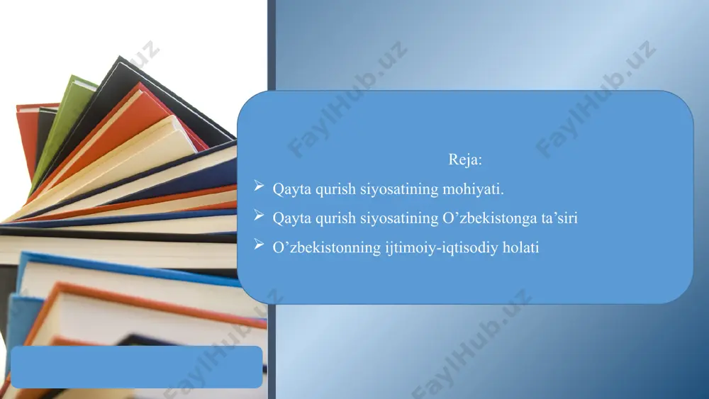 at qilingan. 4 1988 yilda sssrda mustaqil siyosiy partiyalar, tashkilotlar shakllana boshlagan. ittifoqdosh respublikalarda ham siyosiy mustaqillikka intilish jarayoni boshlangan. o‘zbekistonda esa, 1989 yilda yangi rahbari qilib saylangan birinchi prezidetimiz i.a.karimov mustaqillik g‘oyasi to‘g‘ri anglagan holda bu borada amaliy ishlarni amalga oshirgan. shuningdek, murakkab vaziyatni tahlil qilishda jamoatchilik fikrini shakllantirishda, demokratik jarayonlarning rivojlanishida, keng xalq ommasi faolligini oshirishda matbuot xodimlari, ziyolilar muhim o‘rinni egalladilar. ular jamiyat inqrozining asosiy sababi aynan marksizm va leninizm ta’limot ekanligini ko‘rsatdilar. 5 barcha ittifoqdagi respublikalar kabi o‘zbekiston iqtisodiyoti ham besh yillik reja asosida rivojlangan. u markazdagi davlat va moliya organlari tomonidan ishlangan. besh yillik rejalar kommunistik partiya plenumi va s’ezdlarida tasdiqlangan va ularni bajarish majburiy bo‘lgan. ko‘p vaqtlarda bunday yuqorida ishlab chiqilgan qarorlarni mahalliy sharoitlarda bajarishning imkoni bo‘lmas edi. bu esa, o‘z navbatida ishchi kuchi va sanoatning zo‘riqishiga olib kelgan. bu vazifalarni bajarilmasa javobgarlikka tortilar edi, buning oldini olish uchun ko‘zbo‘yamachilik va qo‘shib yozishlar ko‘lami …