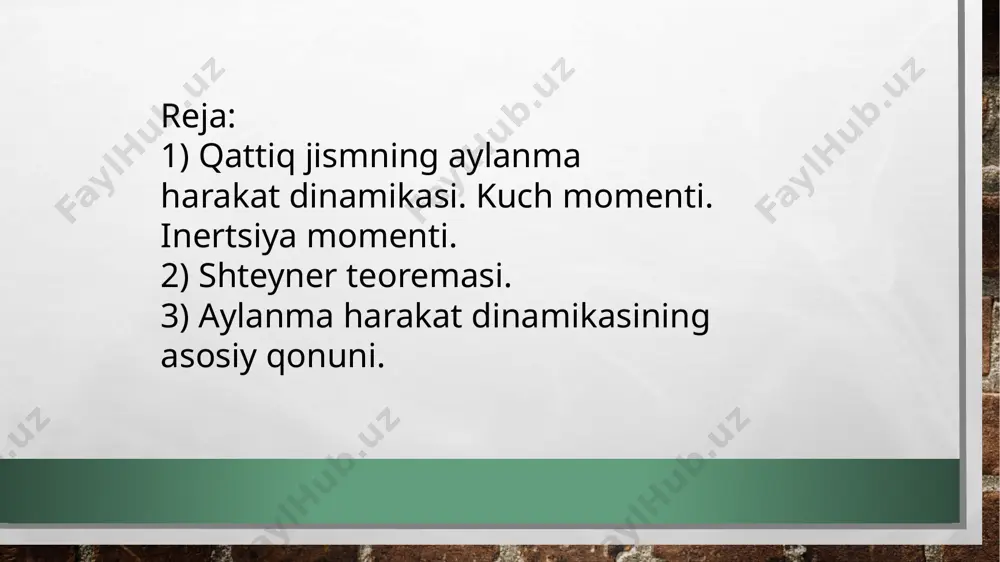 tlarining yigʻindisiga teng. inersiya momenti ayrim manbalarda aylan-ma harakat inersiyasi deb ham ataladi. shuningdek, u ikkinchi massa momenti deb ham aytiladi. „ikkinchi“ soʻzi u kuch yelkasining kvadratiga toʻgʻri proporsional ekani-ni bildirish uchun ishlati-ladi. shteyner teoremasi-berilgan jismning ixtiyo-riy oʻqqa nisbatan inersiya momenti, shu oʻqqa parallel va jismlar massa markazidan oʻtuvchi oʻqqa nisbatan i0 inersiya momenti bilan uning massasi va aylanish oʻqidan ogʻirlik markazigacha boʻlgan masofa kvadrati koʻpaytmasining yigʻindisiga teng. jismni aylanma harakati. aylanama harakat deb shunday harakatga aytiladiki, bunda jism barcha nuqtalarining traektoriyalari, markazi aylanish o`qi deyiluvchi bitta chiziqda bo`lgan konsentrik aylanalardan iborat bo`ladi. qattiq jismni aylanma harakatga keltirish uchun unga biror kuch ta’sir etishi kerak. lekin qattiq jism har qanaday yo`nalishidagi kuch ta’sirida ham aylanavermaydi: qattiq jismning aylanma harakatini dinamika nuqtai nazardan tekshirilganda kuch tushunchasi bilan bir qatorda kuch momenti tushunchasi, massa tushunchasi bilan bir qatorda inersiya momenti tushunchasi ham kiritiladi. annotatsiya: qattiq jismning harakat tenglamalari tatbiq qilishda jismning ilgarilanma …